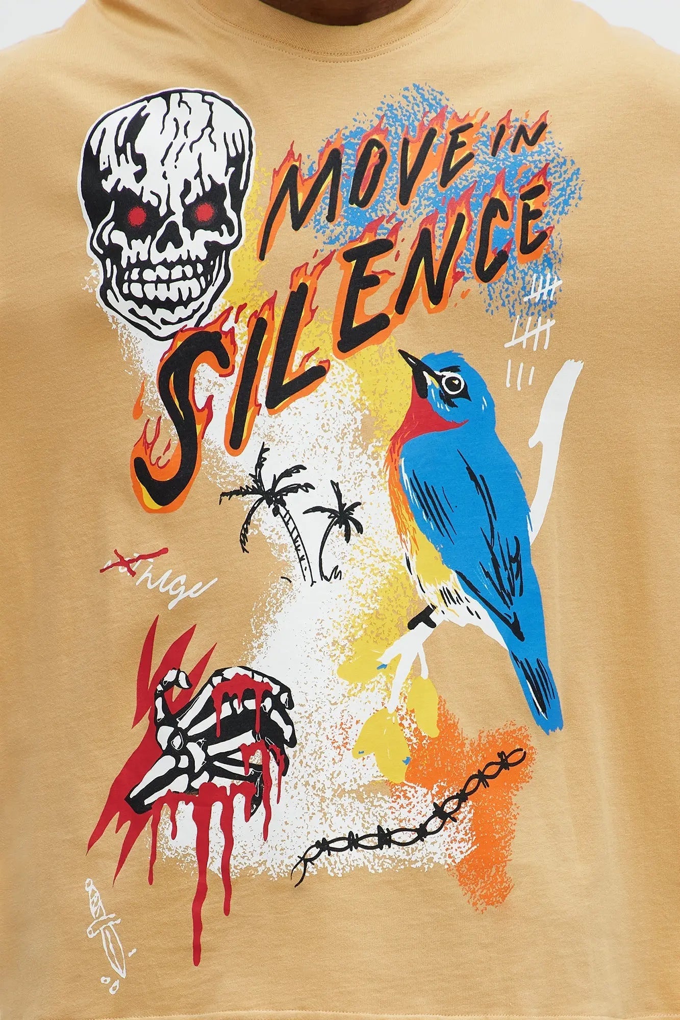 Move In Silence Skull Oversized Short Sleeve Tee - Khaki