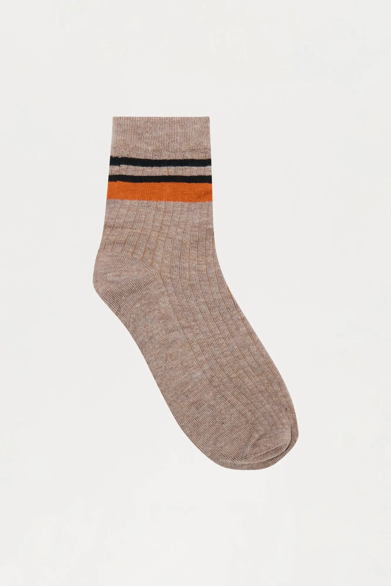 Contrast Stripes Ribbed Crew Sock - Brown