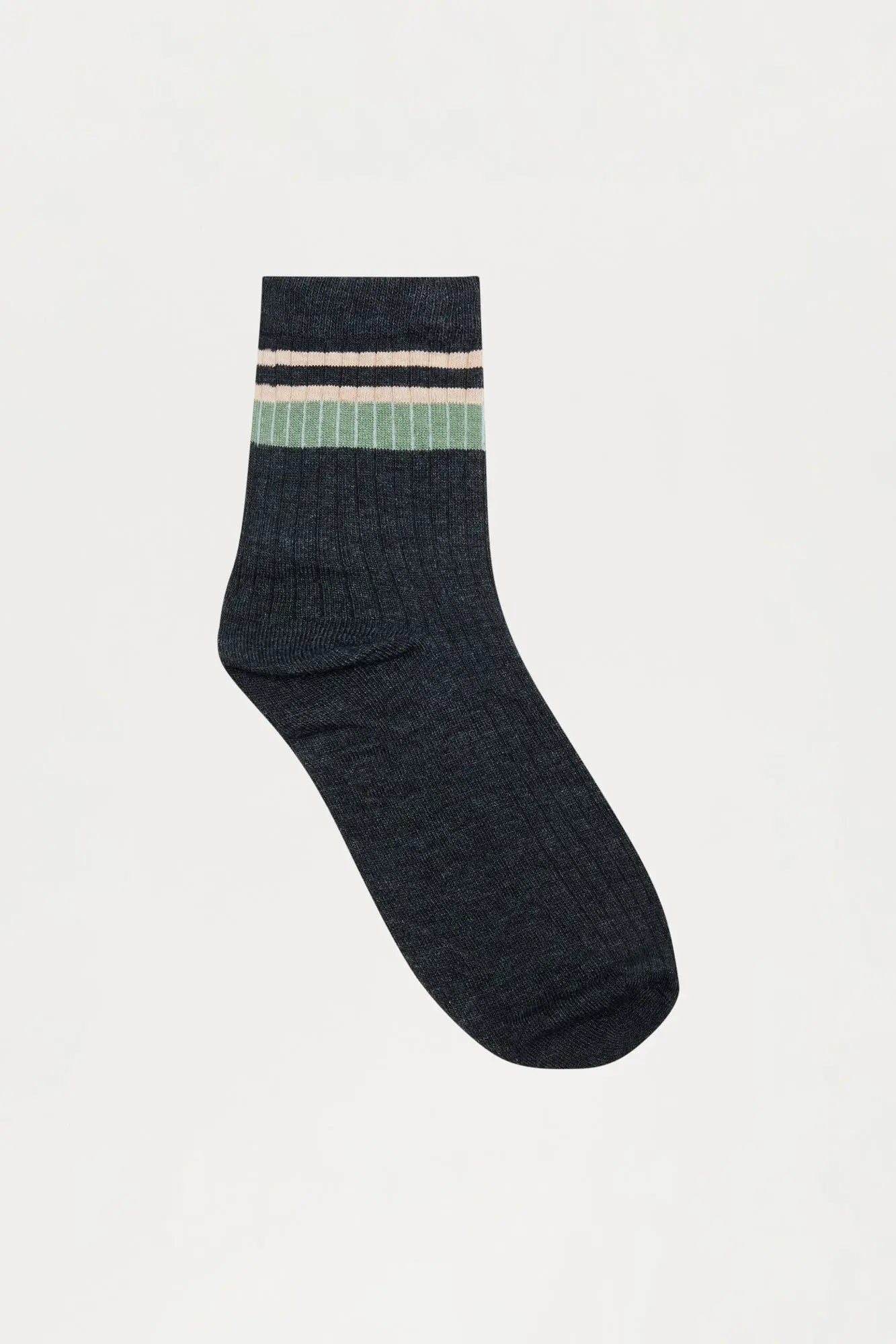 Contrast Stripes Ribbed Crew Sock  - Grey
