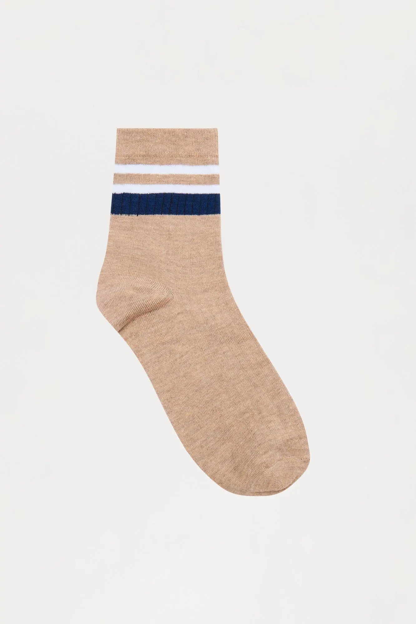Contrast Stripes Ribbed Crew Sock  - Tan