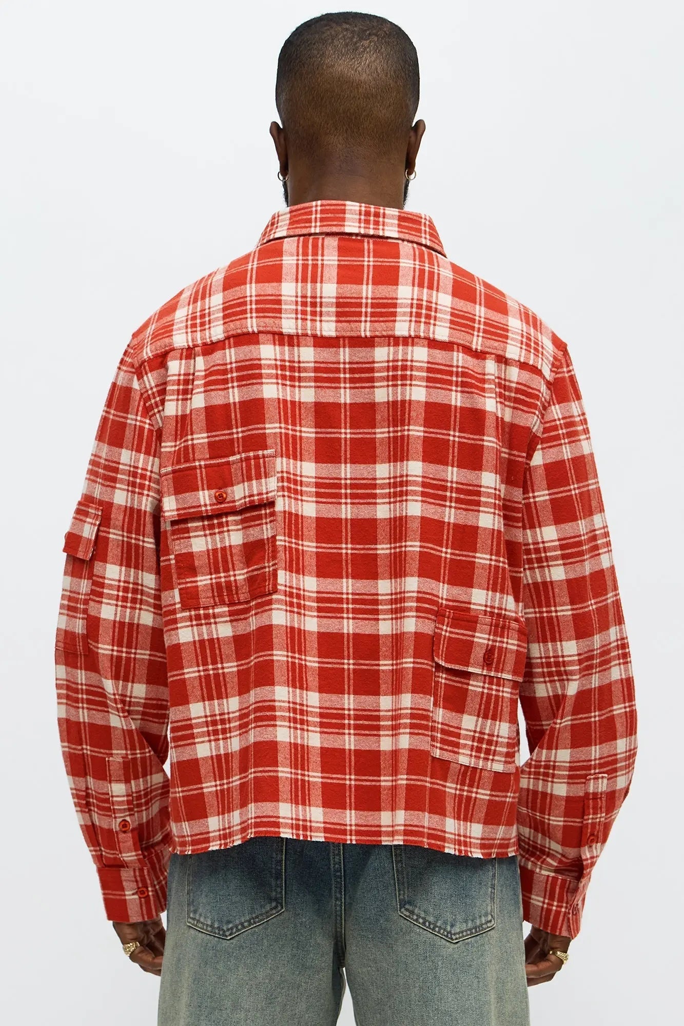 Cropped Cargo Pocket Flannel Button Up - Red/combo