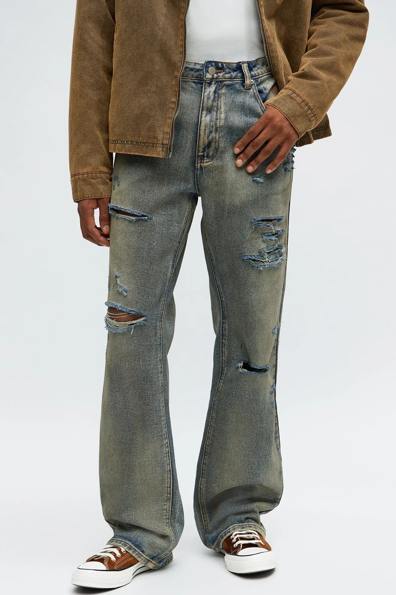 Stacked Slim Flare Burnout Distressed Jean - Medium Wash