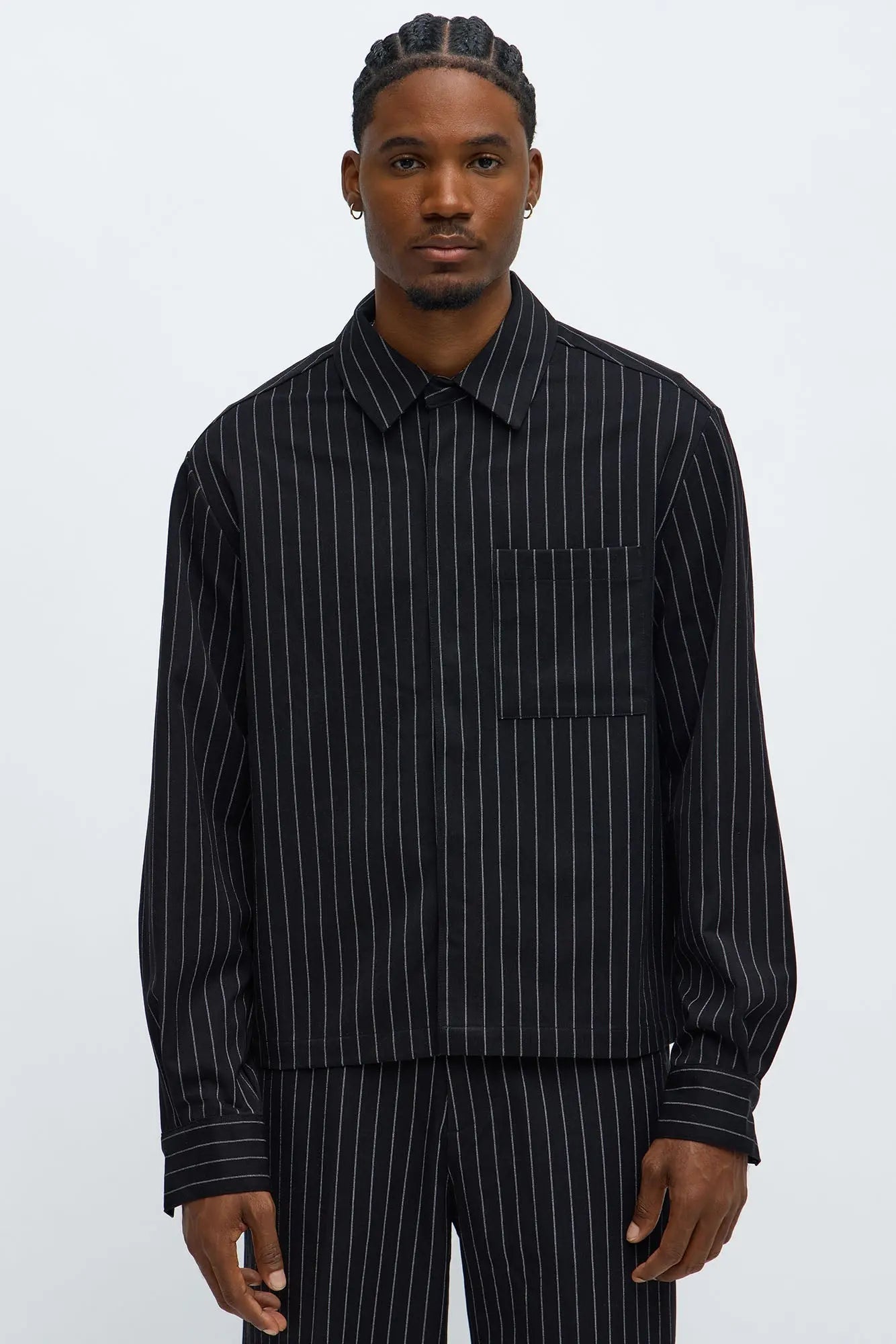Cropped Striped Button Up Shirt - Black