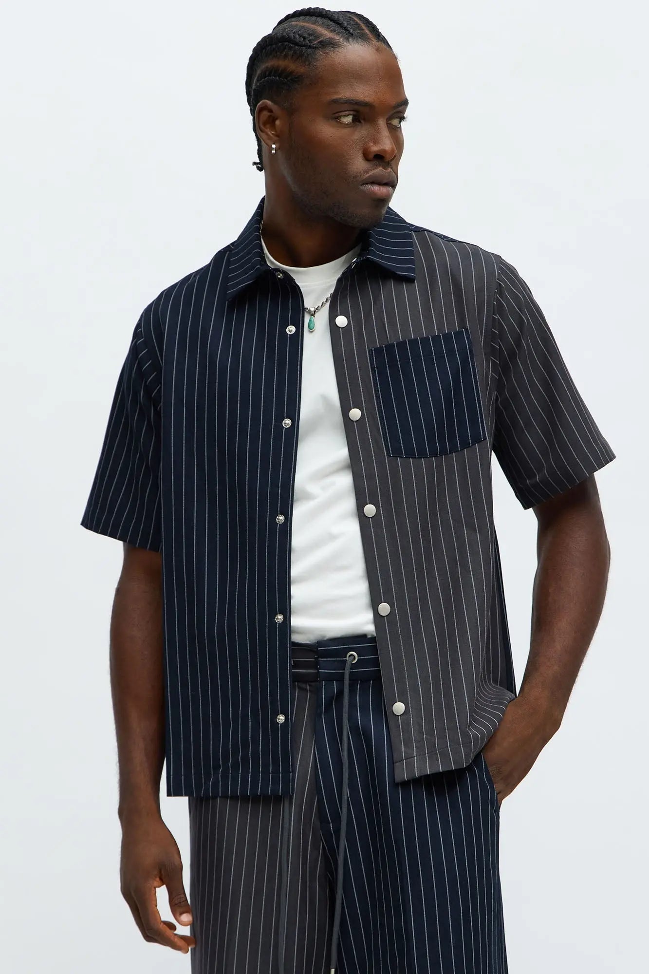 Preppy Striped Button Up Shirt - Grey/combo