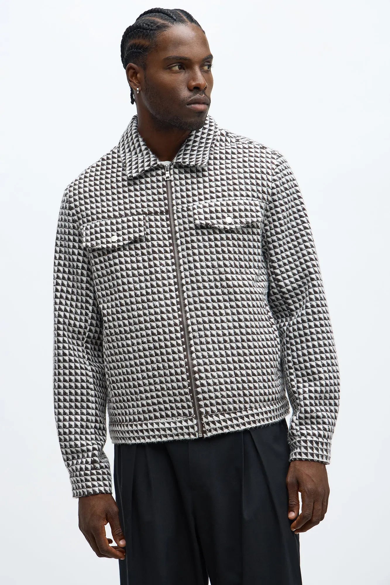Textured Geometric Zip Jacket - Brown/combo