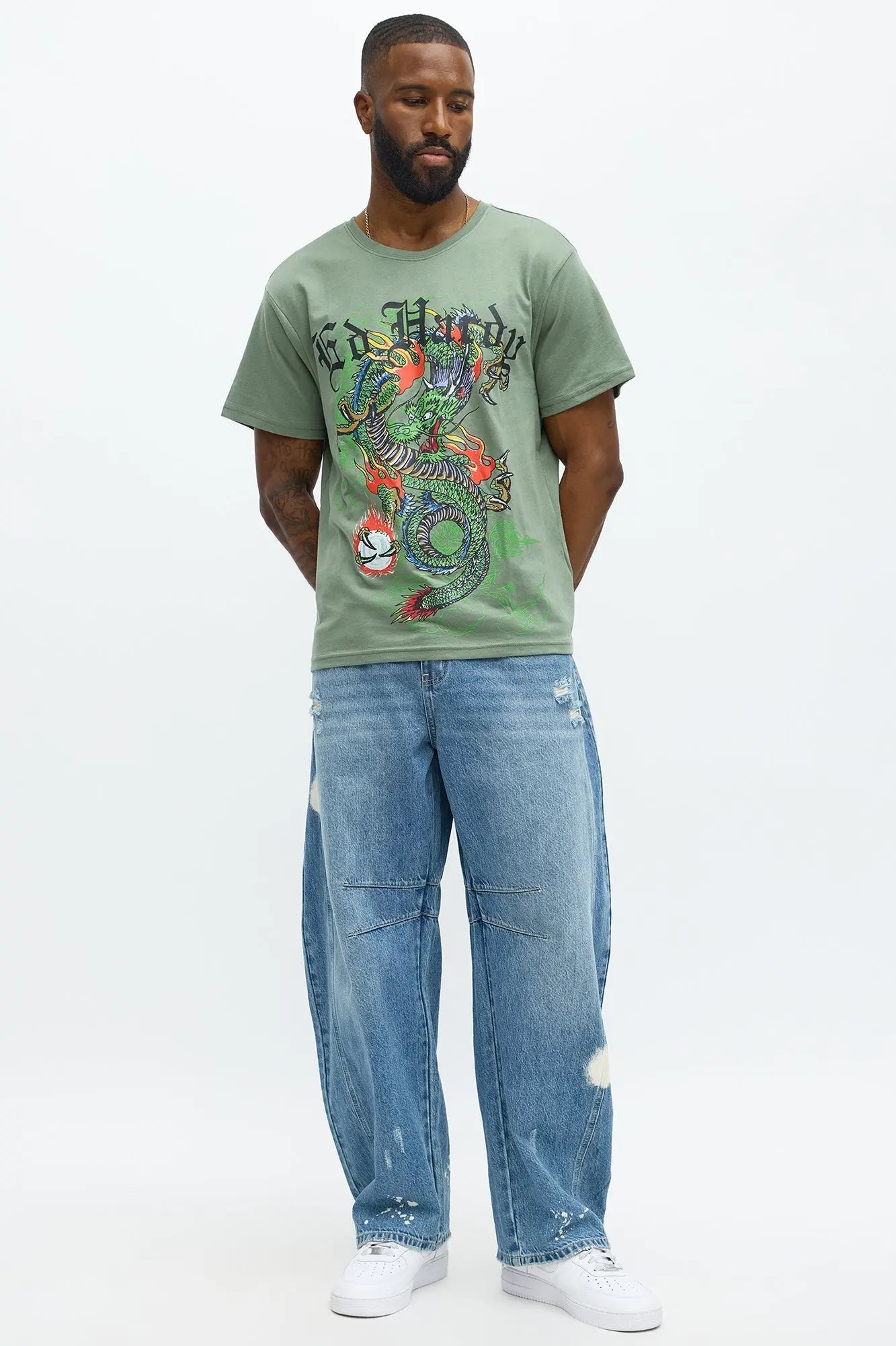 Ed Hardy Dragon Aura Tattoo Short Sleeve Tee - Olive