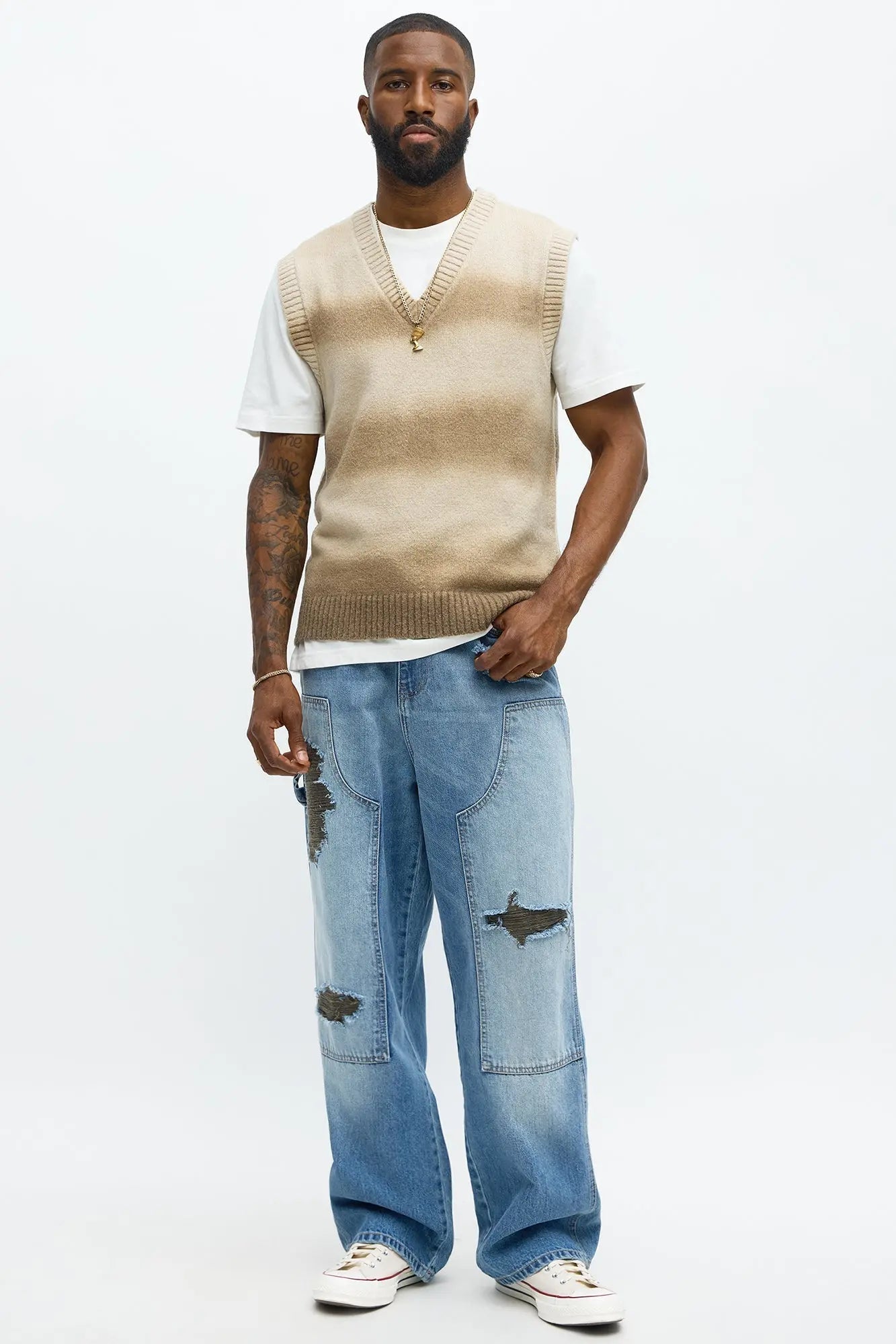 Baggy Contrast Distressed Carpenter Jeans - Medium Blue Wash
