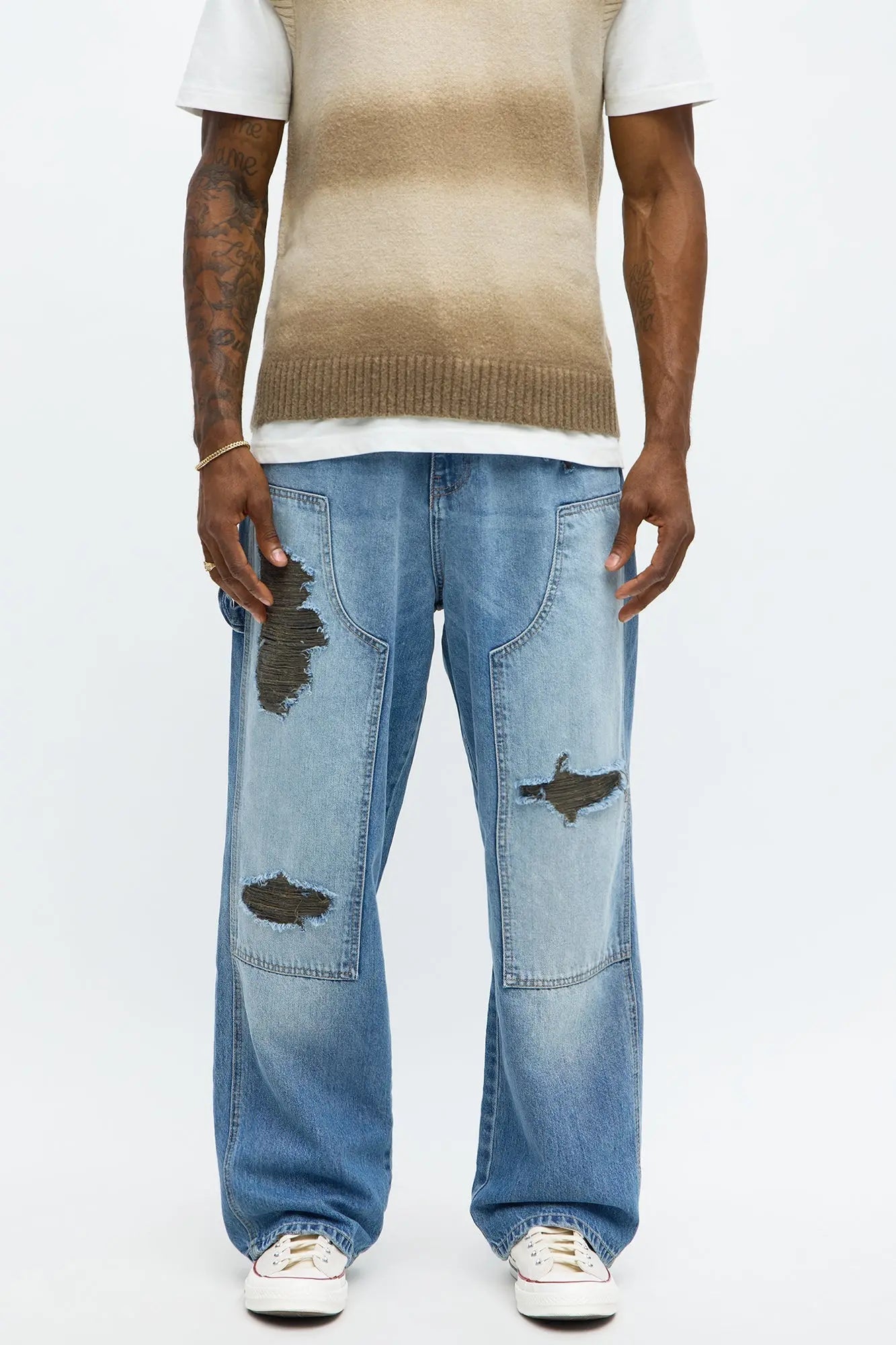 Baggy Contrast Distressed Carpenter Jeans - Medium Blue Wash