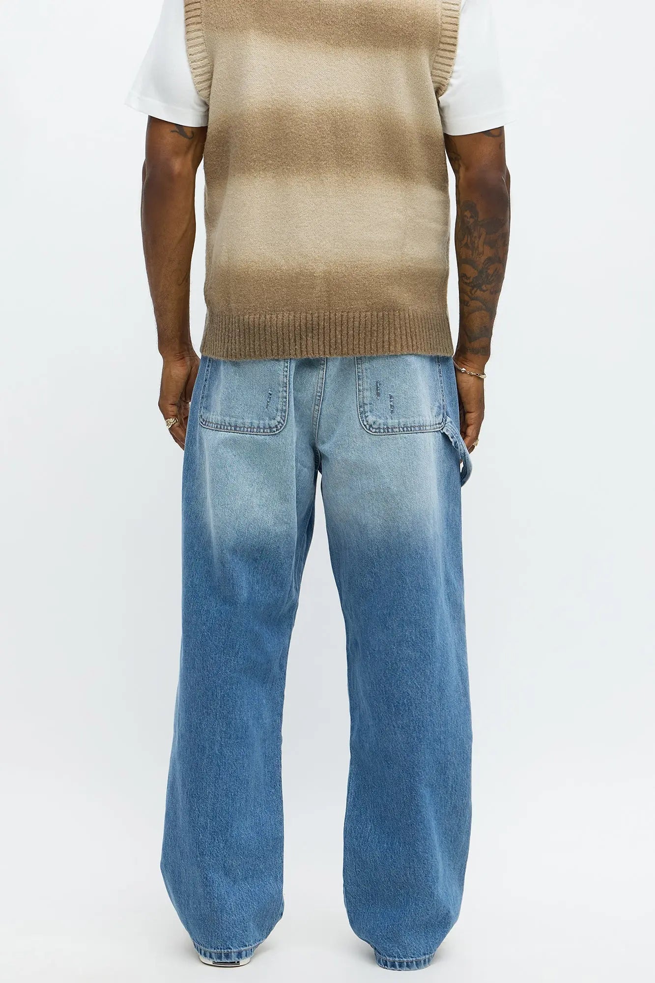 Baggy Contrast Distressed Carpenter Jeans - Medium Blue Wash