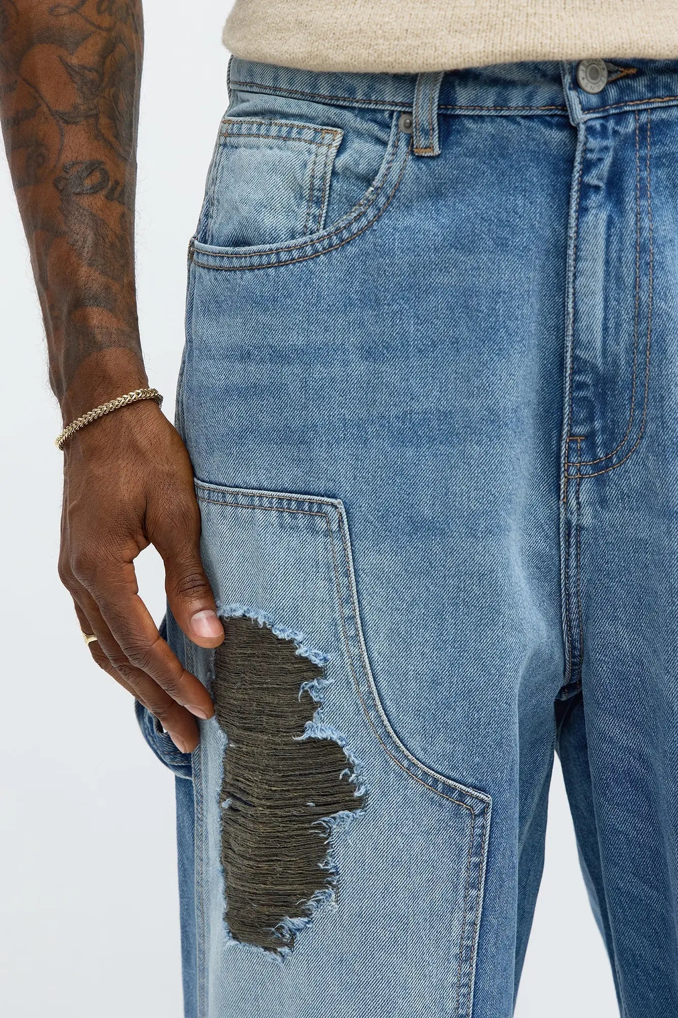 Baggy Contrast Distressed Carpenter Jeans - Medium Blue Wash