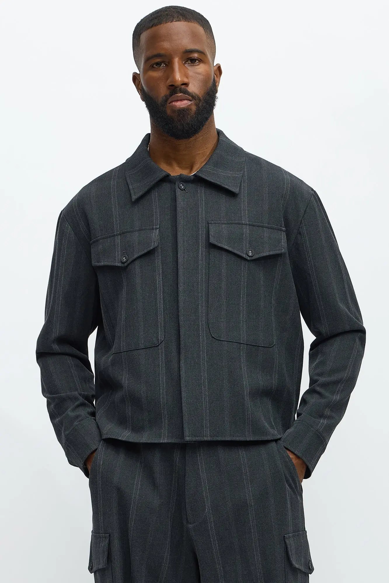 Relaxed Striped Suiting Bomber Jacket - Grey/combo