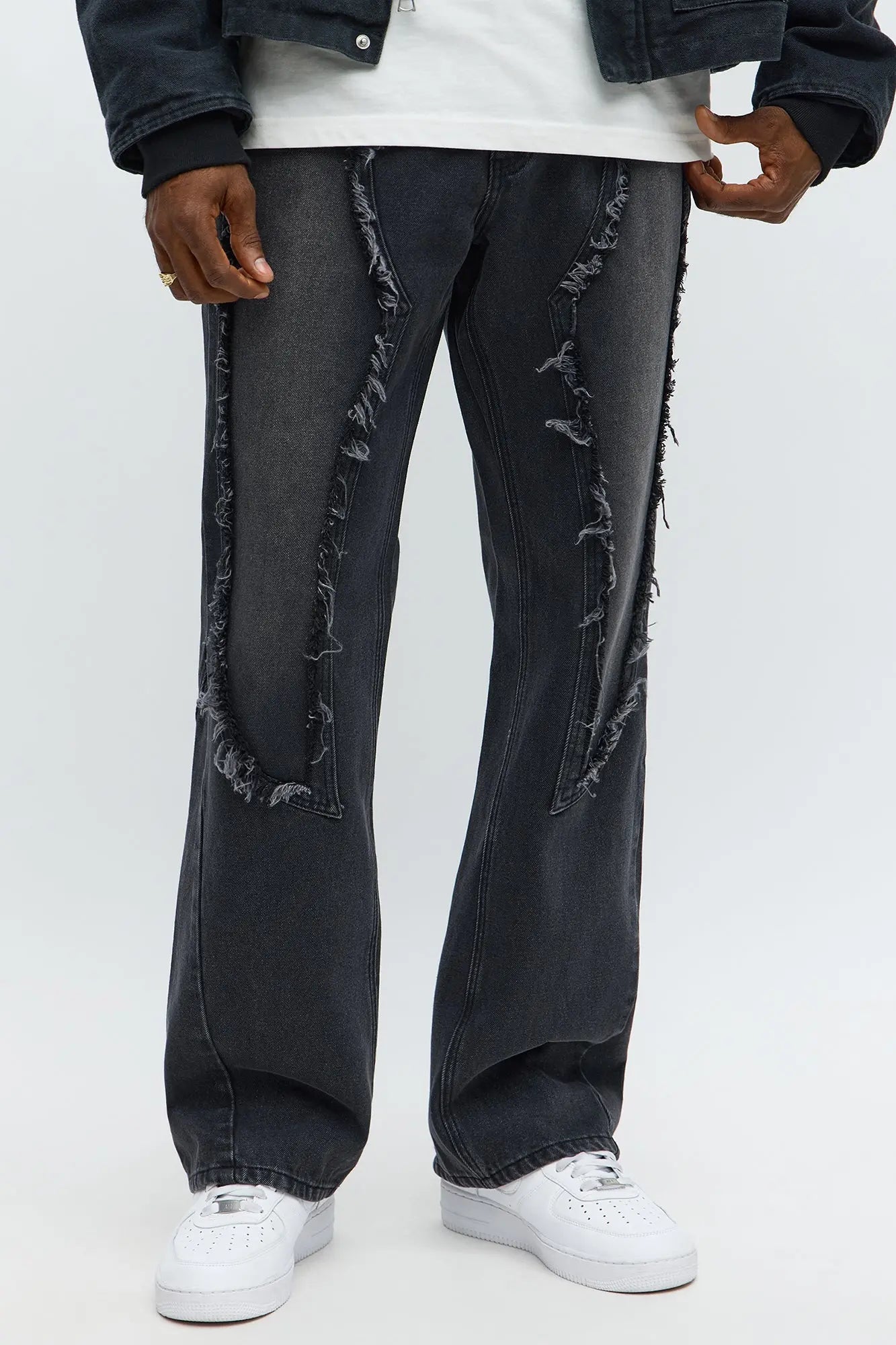 Stacked Slim Flare Diamond Frayed Jeans - Black