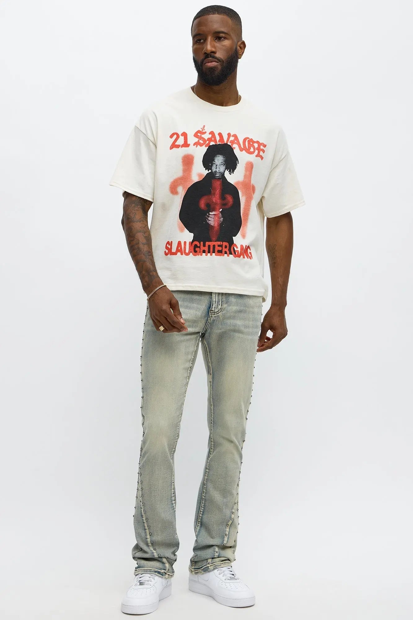 Stacked Skinny Flare Studded Panel Jean - Light Wash