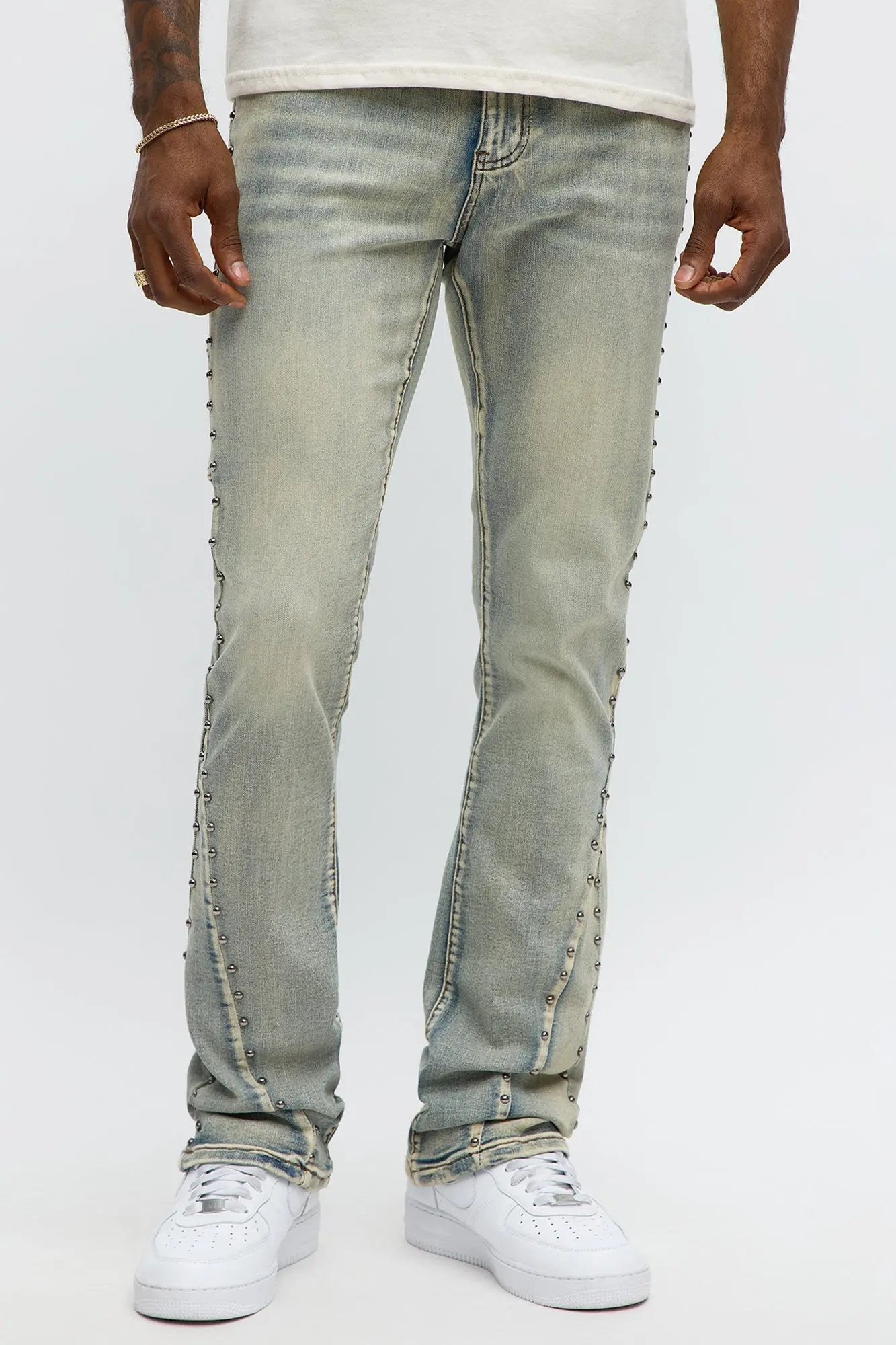 Stacked Skinny Flare Studded Panel Jean - Light Wash