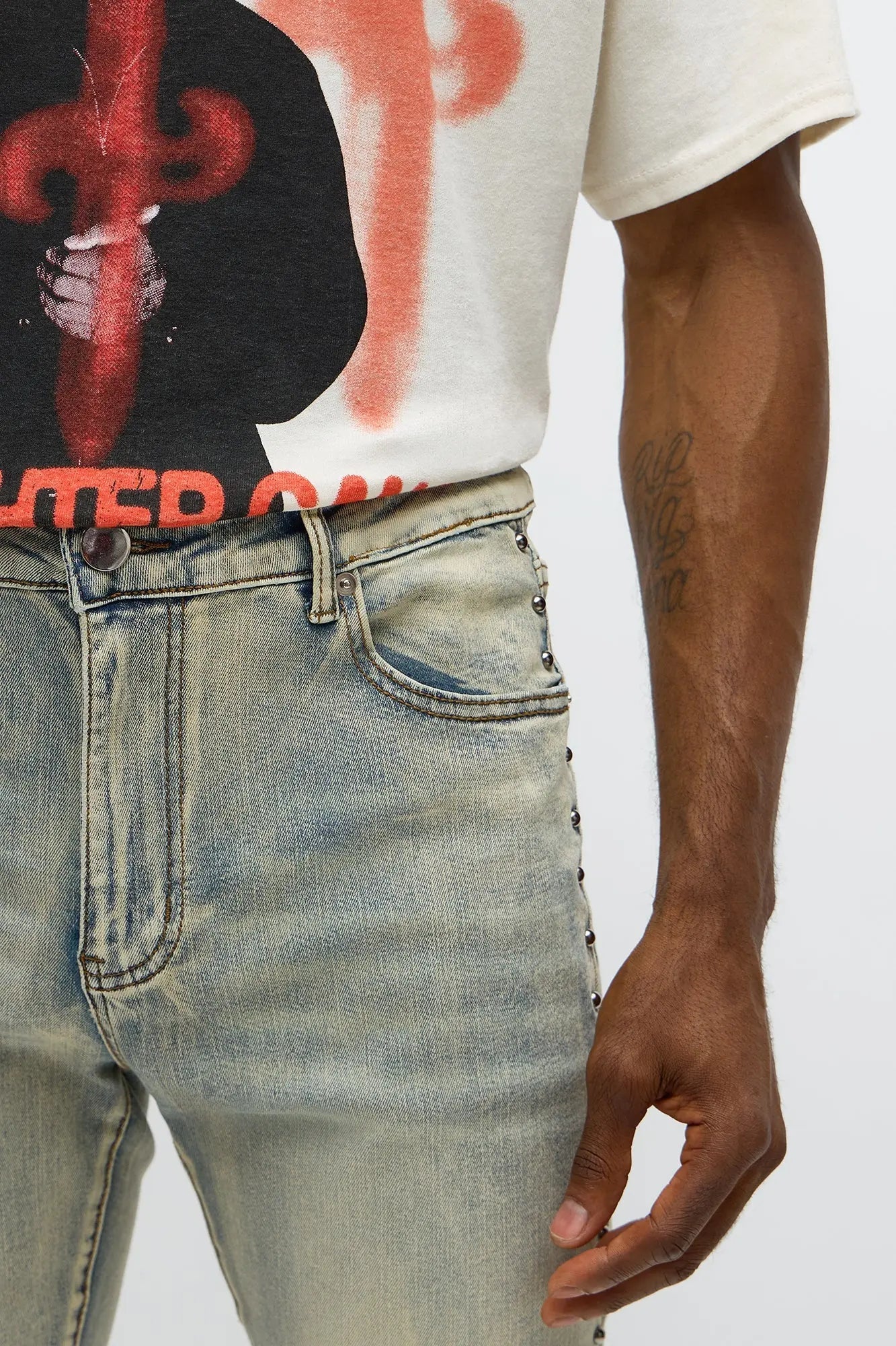 Stacked Skinny Flare Studded Panel Jean - Light Wash
