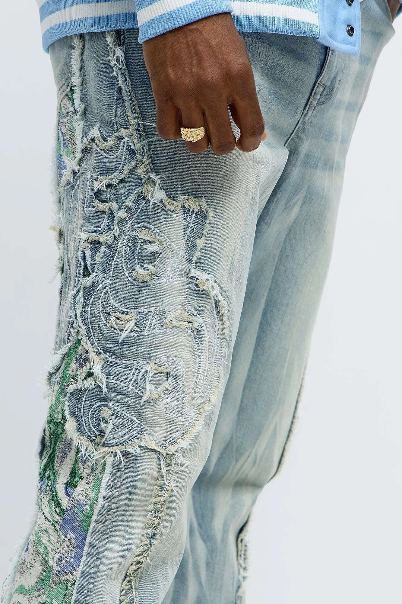 Stacked Skinny Flare Gray With Tapestry Sides Jean - Light Blue Wash