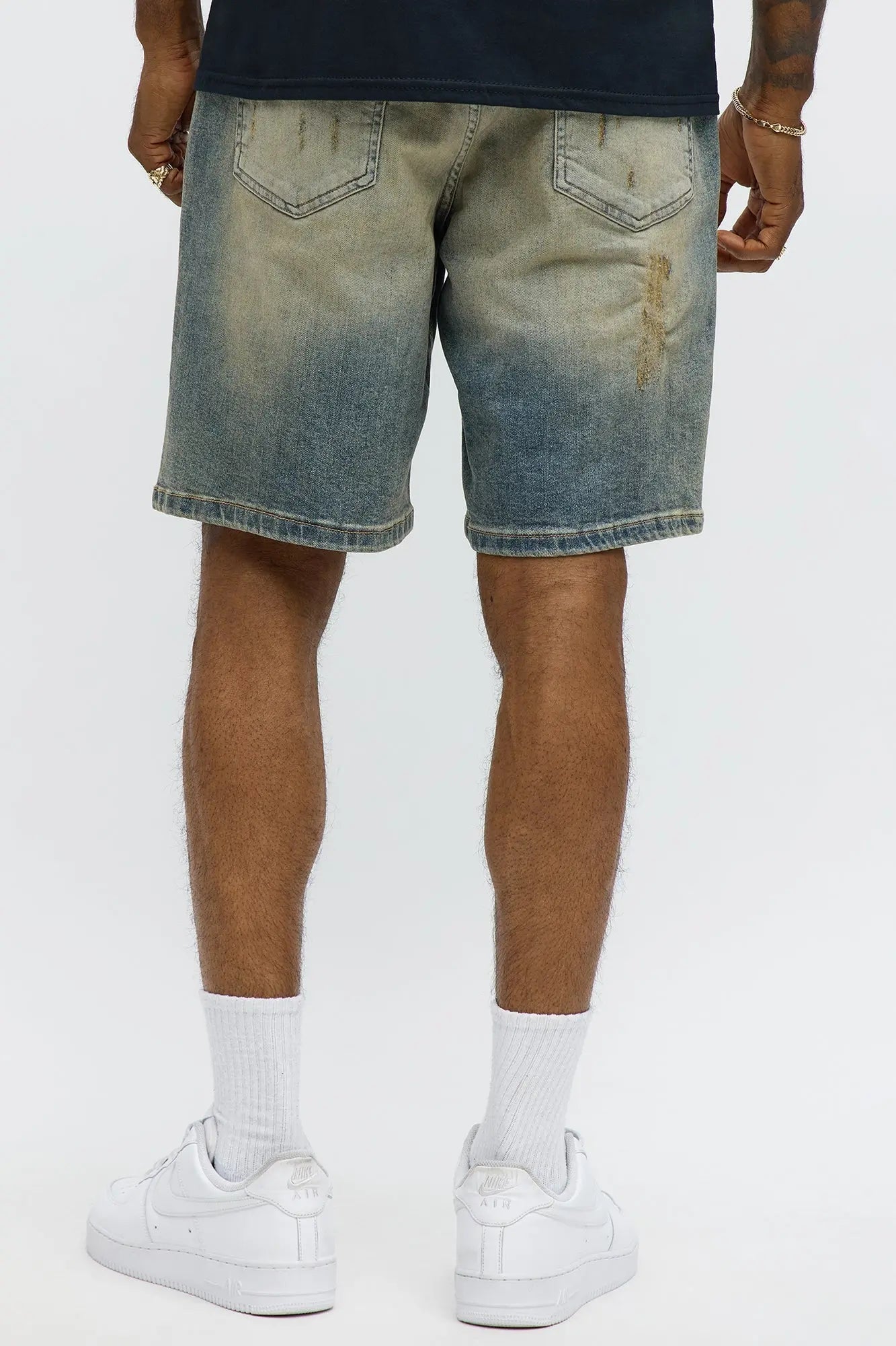 Relaxed Looking Out Ripped And Repair Denim Shorts - Vintage Blue Wash