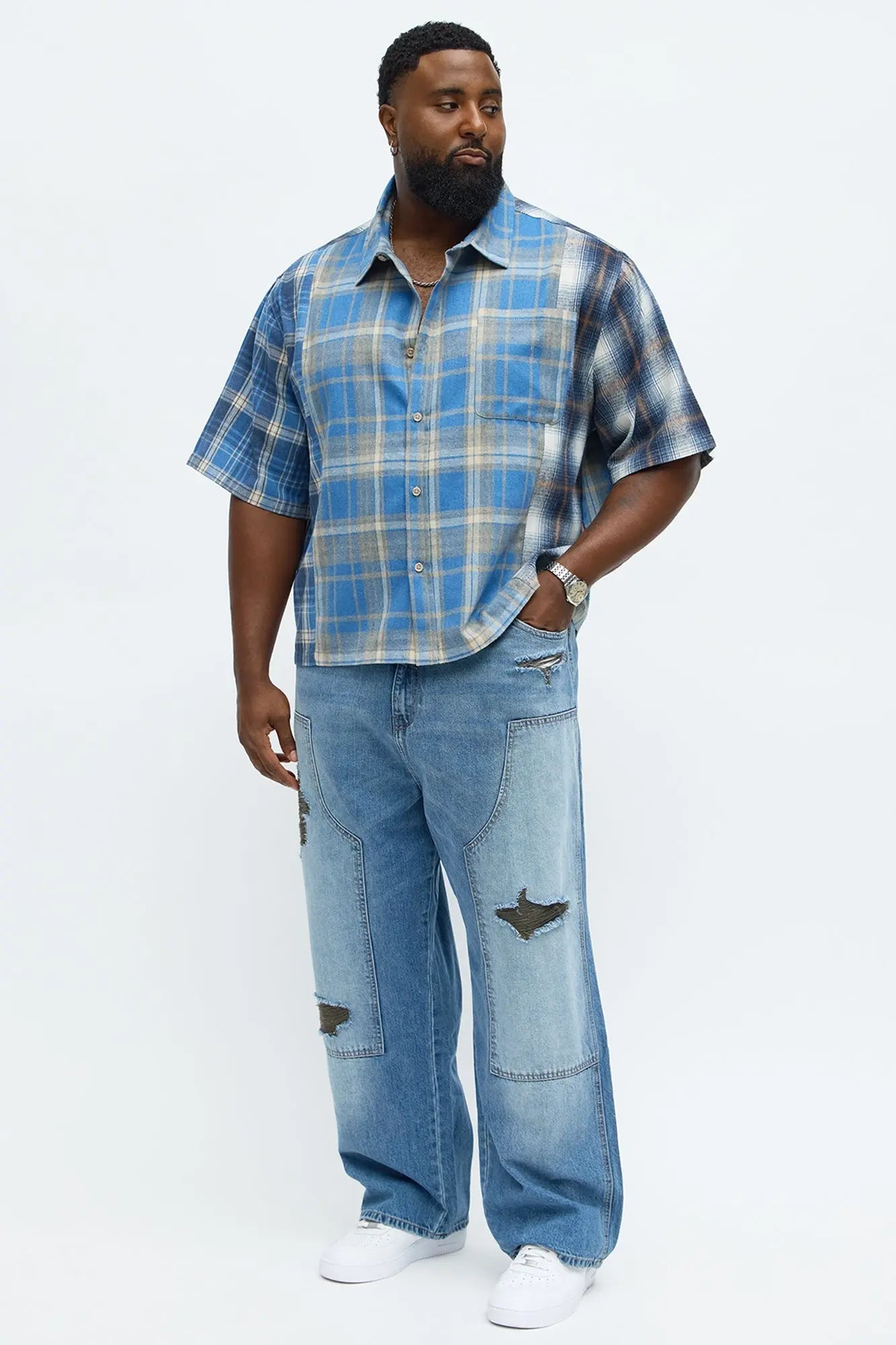 Baggy Contrast Distressed Carpenter Jeans - Medium Blue Wash