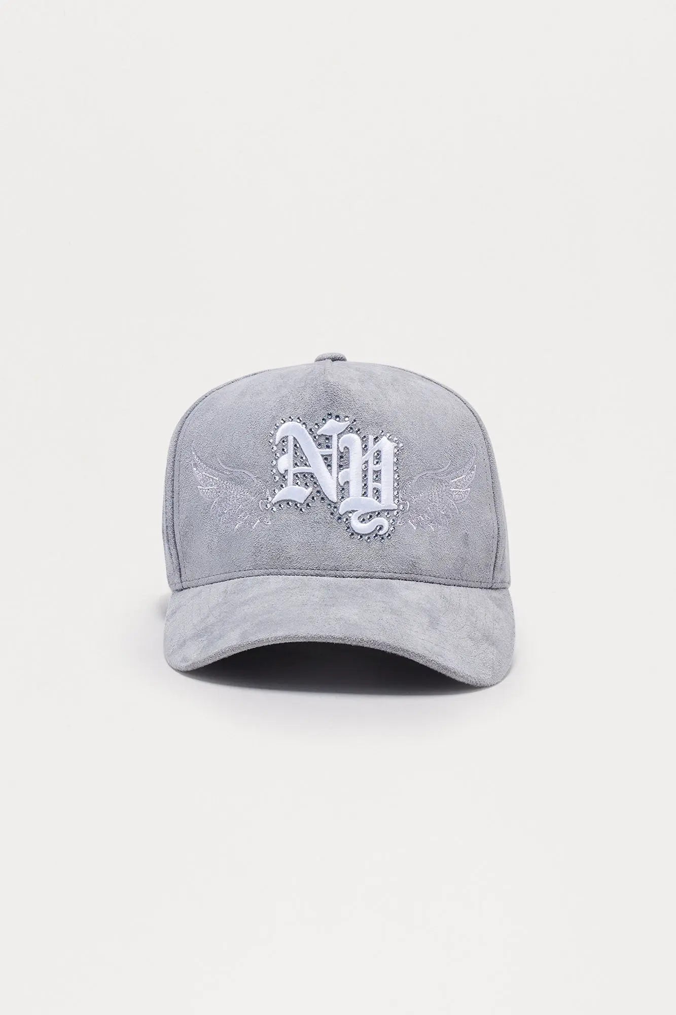 NY Embellished Faux Suede Structured Snapback Hat - Grey