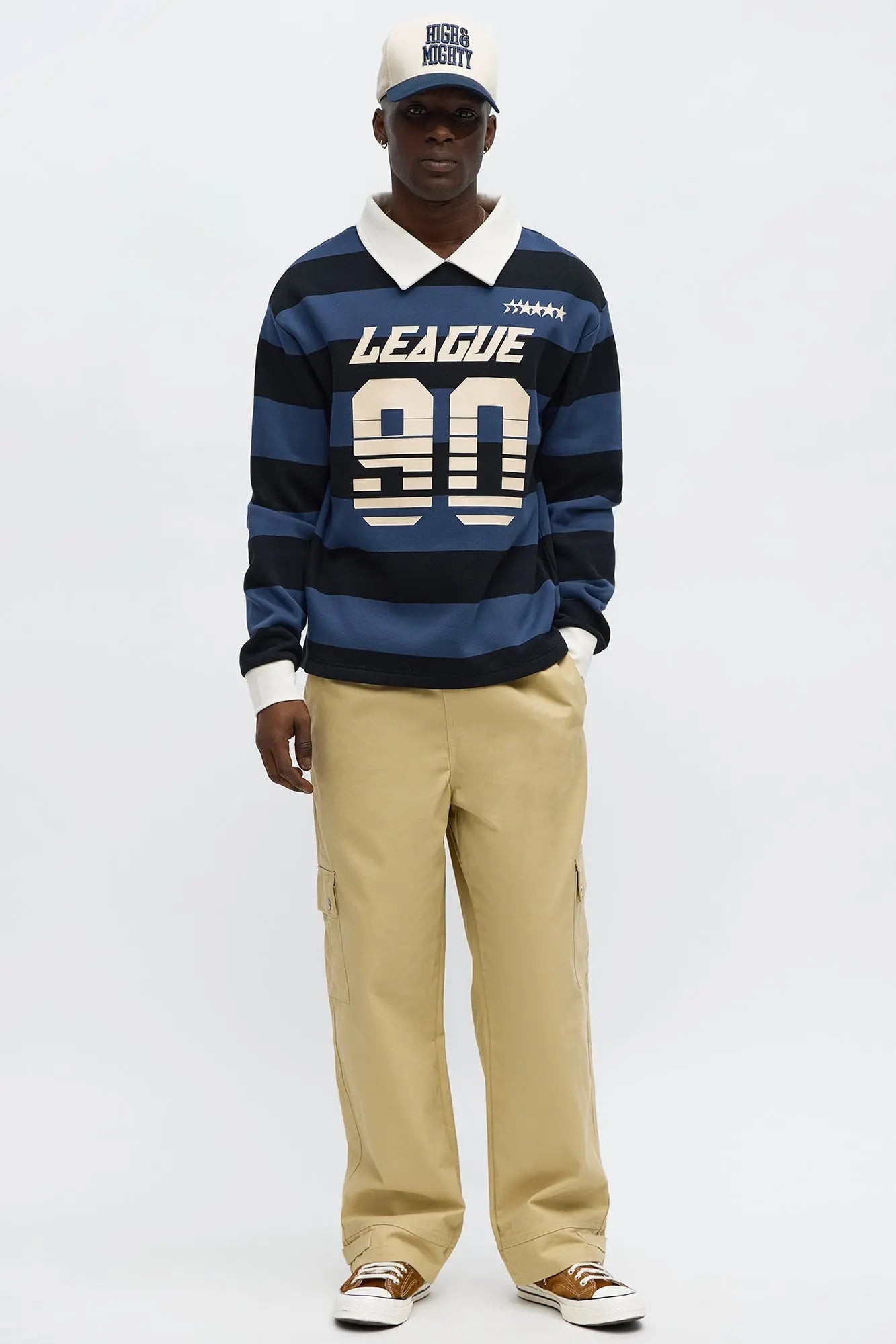 League Stripe Fleece Long Sleeve Polo - Navy/Multi