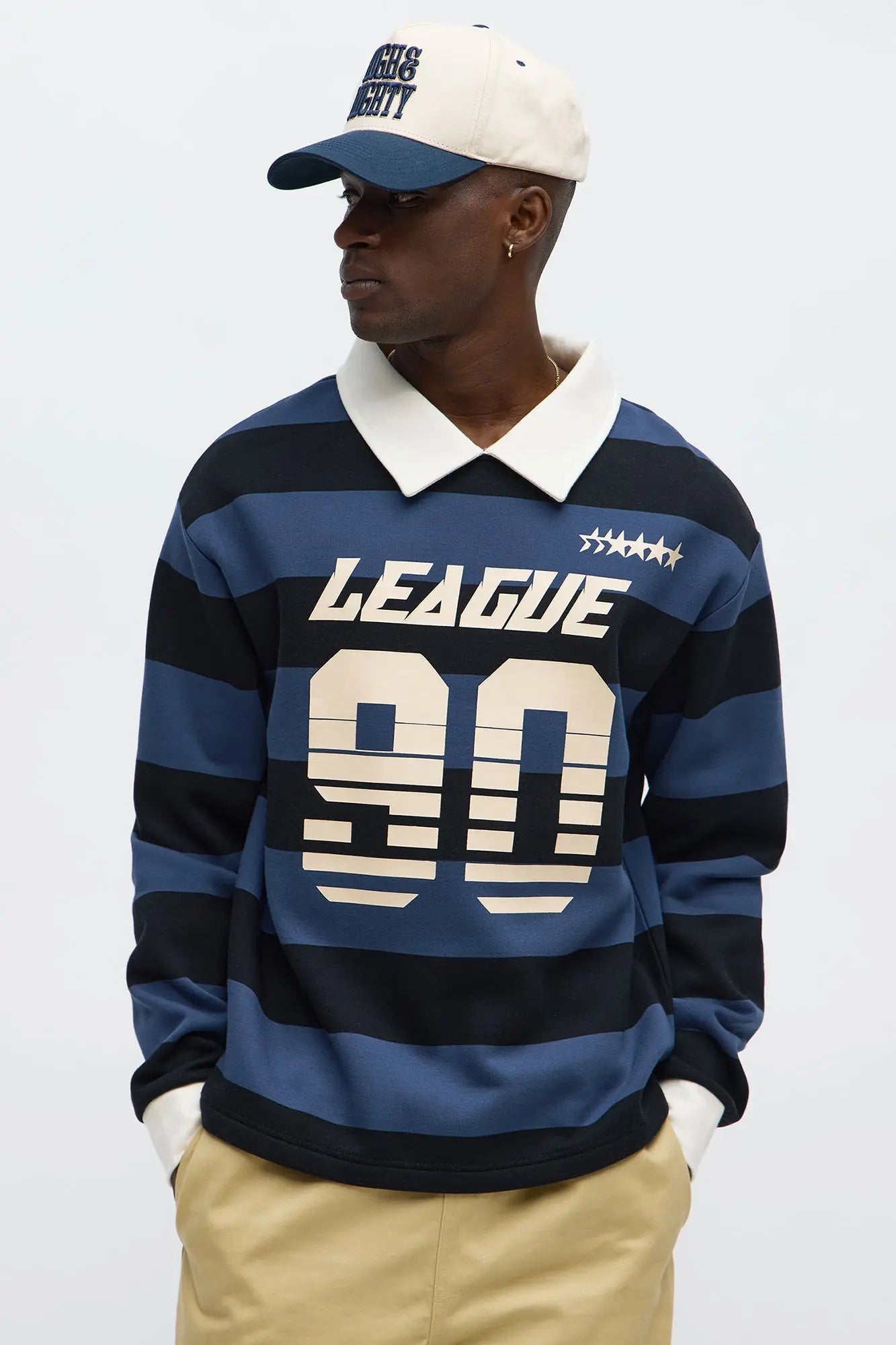 League Stripe Fleece Long Sleeve Polo - Navy/Multi