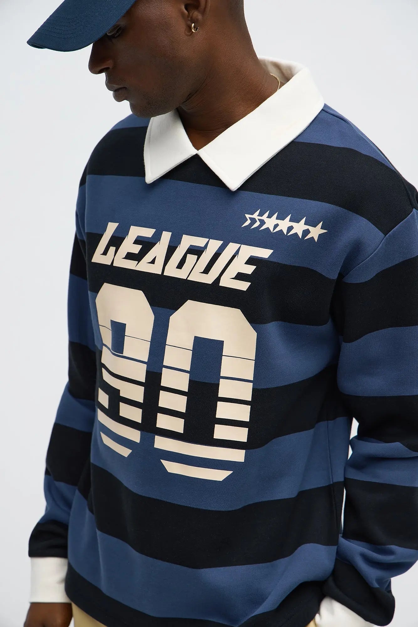 League Stripe Fleece Long Sleeve Polo - Navy/Multi
