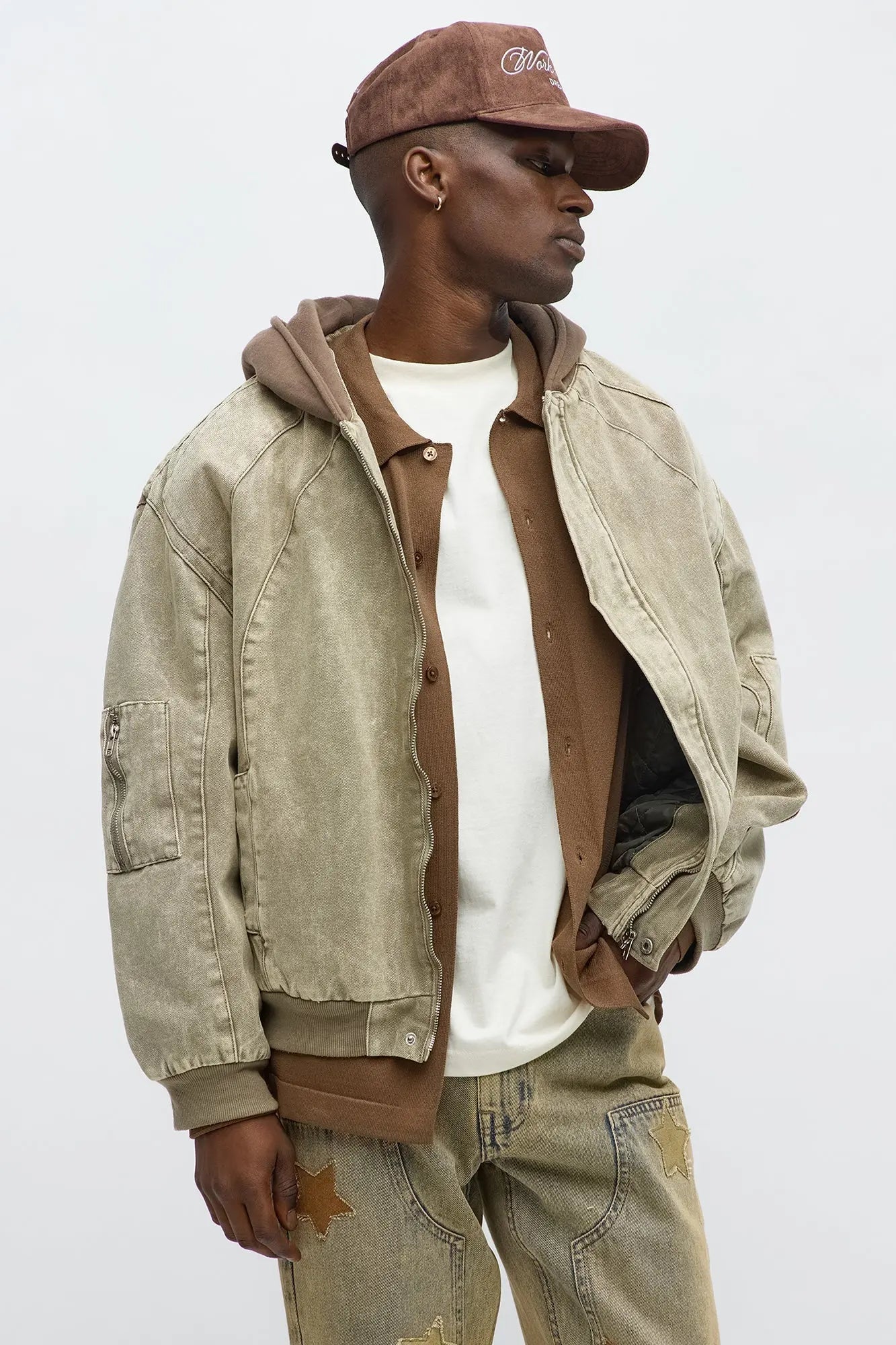 Oversized Padded Hooded Utility Bomber - Olive/combo