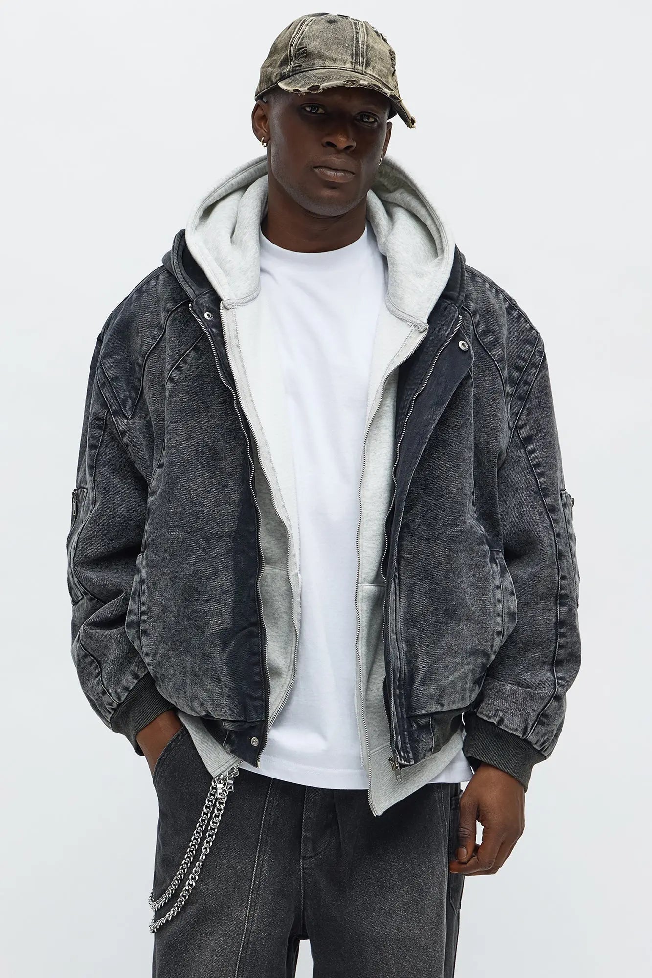 Oversized Padded Hooded Utility Bomber - Charcoal/combo