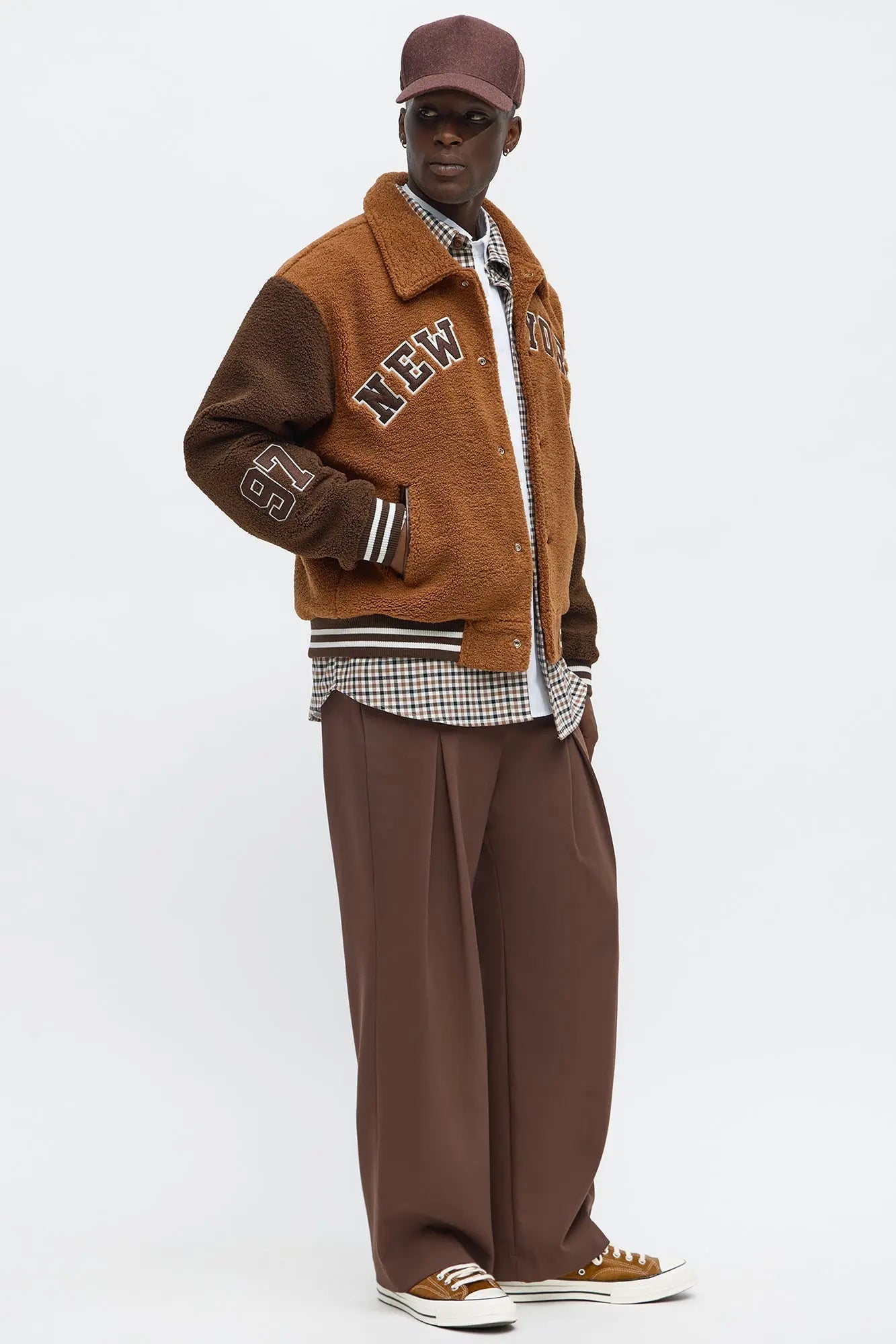 Relaxed Textured New York Sherpa Varsity Jacket - Brown/combo