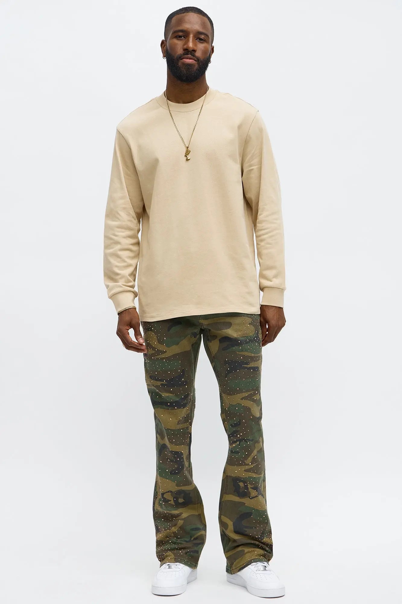 Stacked Skinny Flare Be Jeweled Camo Pants - Camouflage
