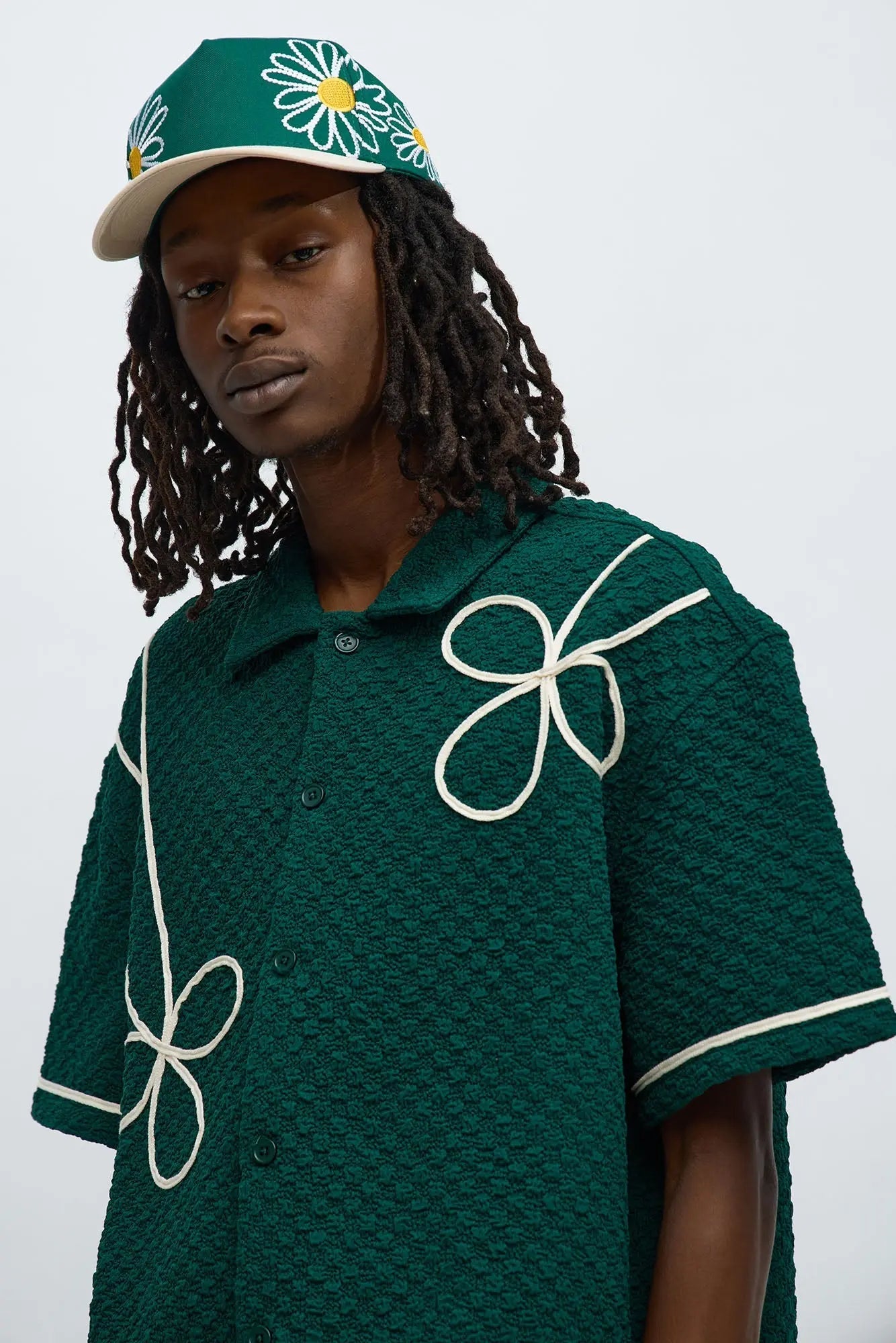 Boxy Soho Weave Applique Textured Button Up Shirt - Hunter Green