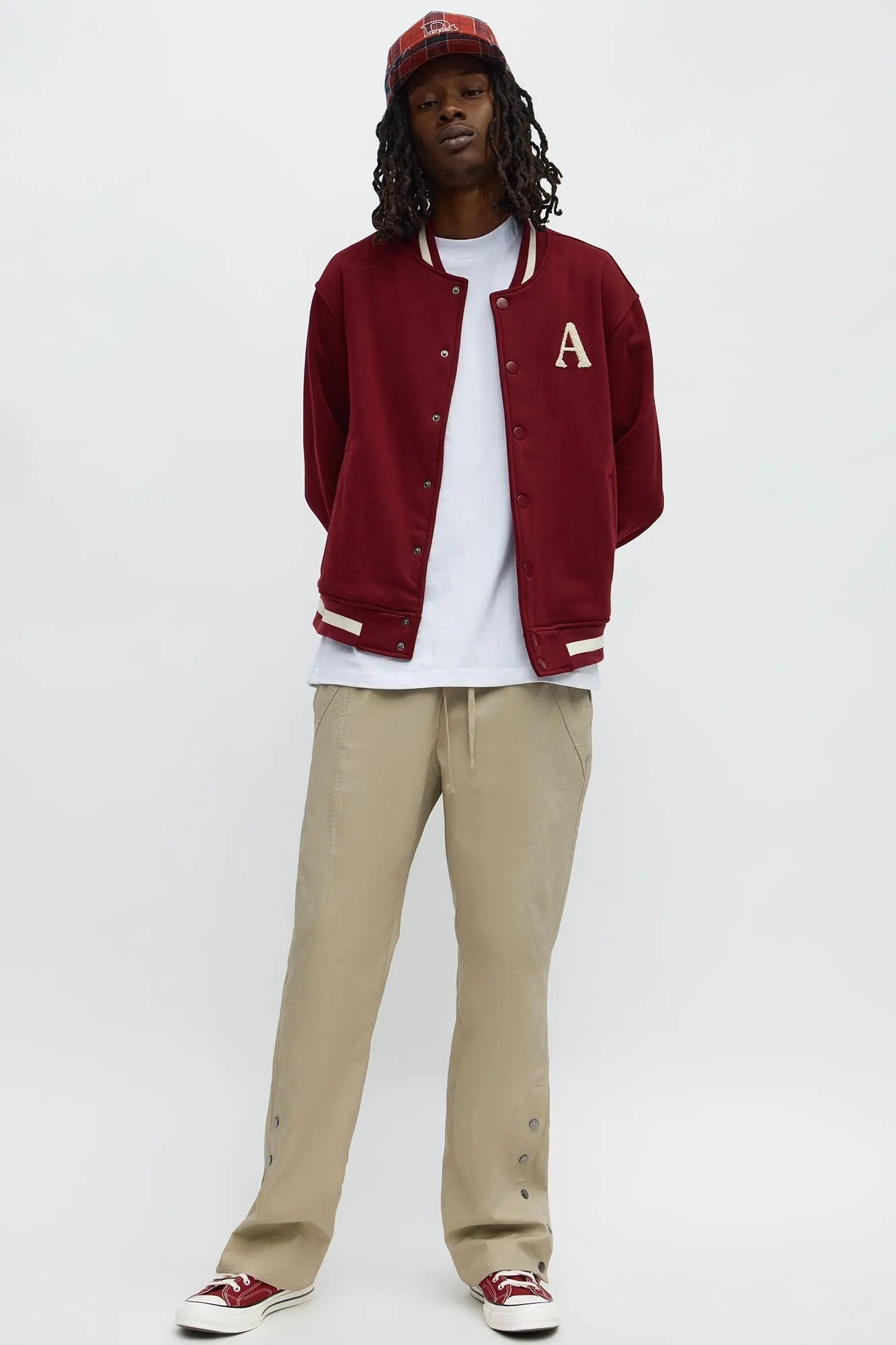 Embroidered Angels Above Varsity Jacket - Burgundy