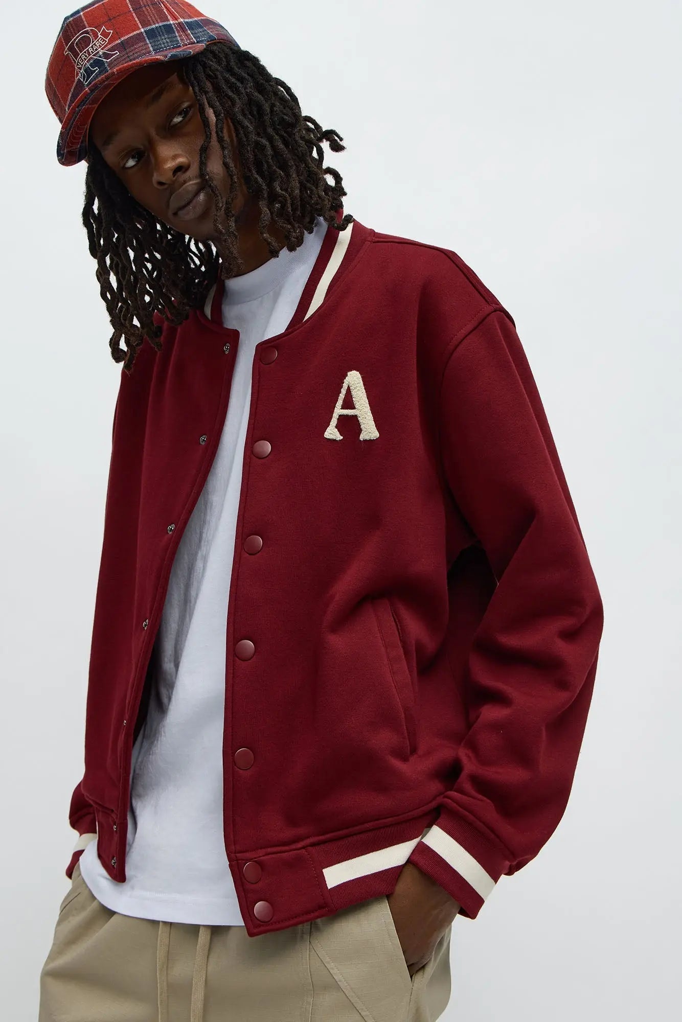 Embroidered Angels Above Varsity Jacket - Burgundy