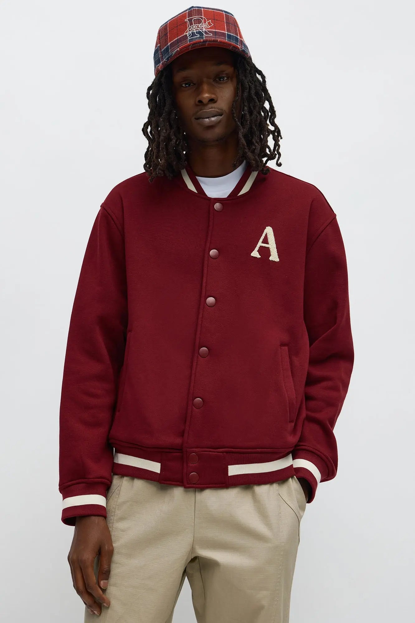 Embroidered Angels Above Varsity Jacket - Burgundy