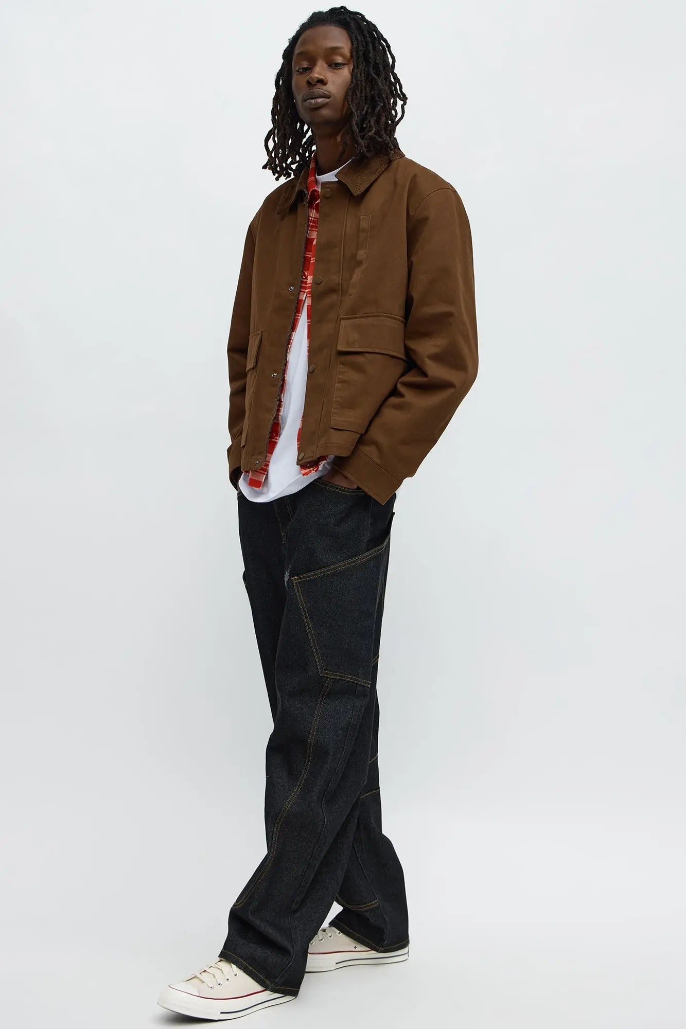 Cropped Utility Corduroy Collar Work Jacket - Brown