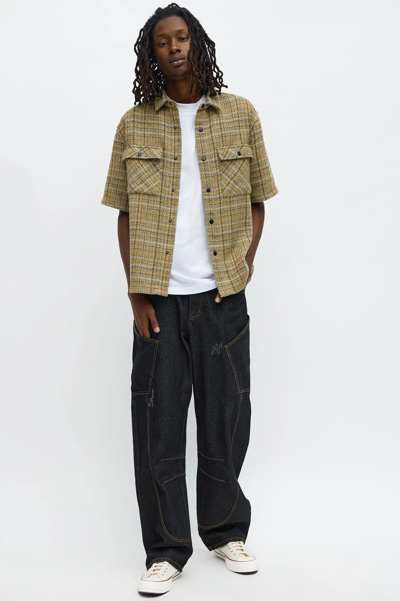 Cropped Tweed Button Up Shirt - Off White/combo