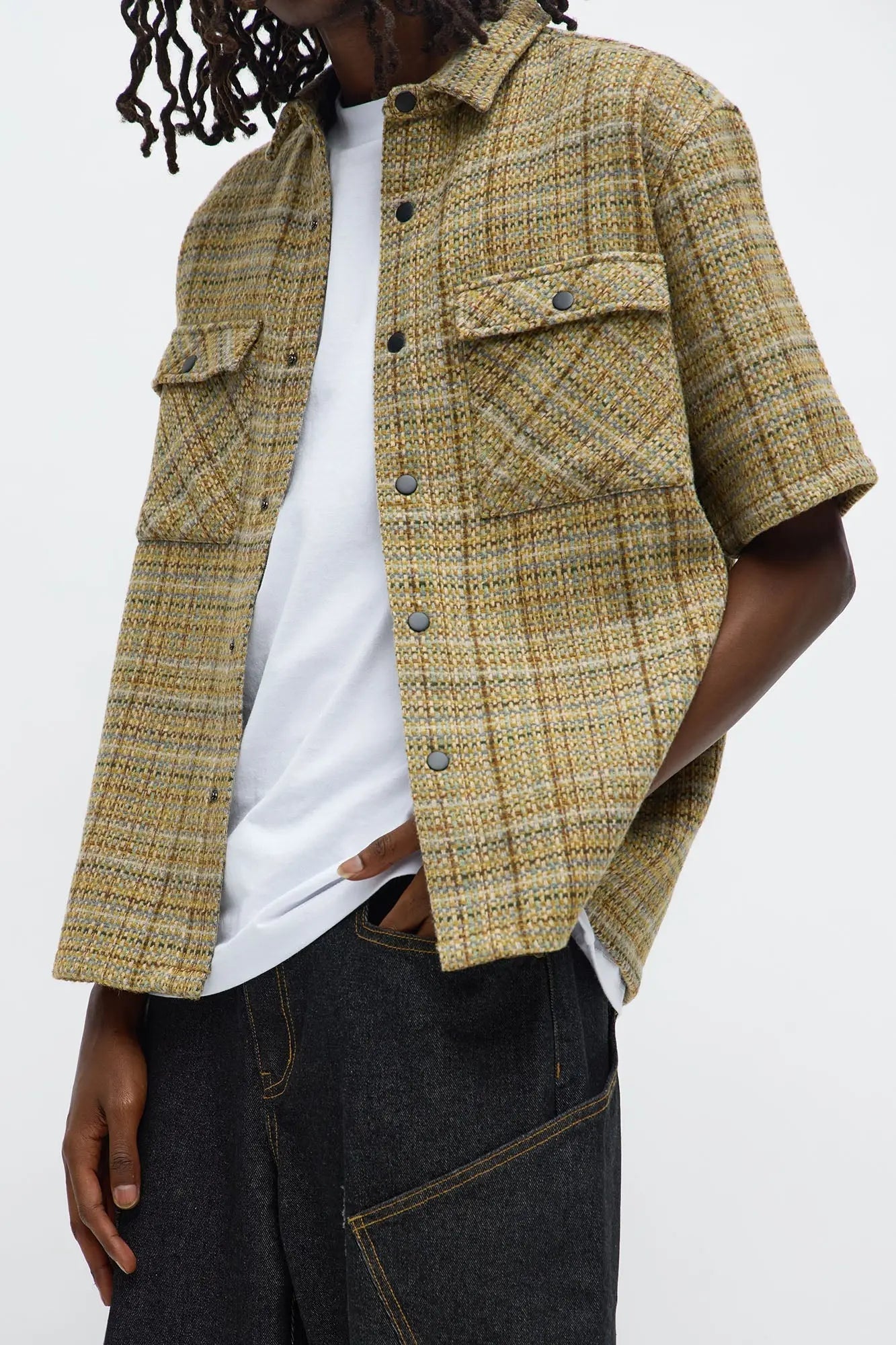 Cropped Tweed Button Up Shirt - Off White/combo