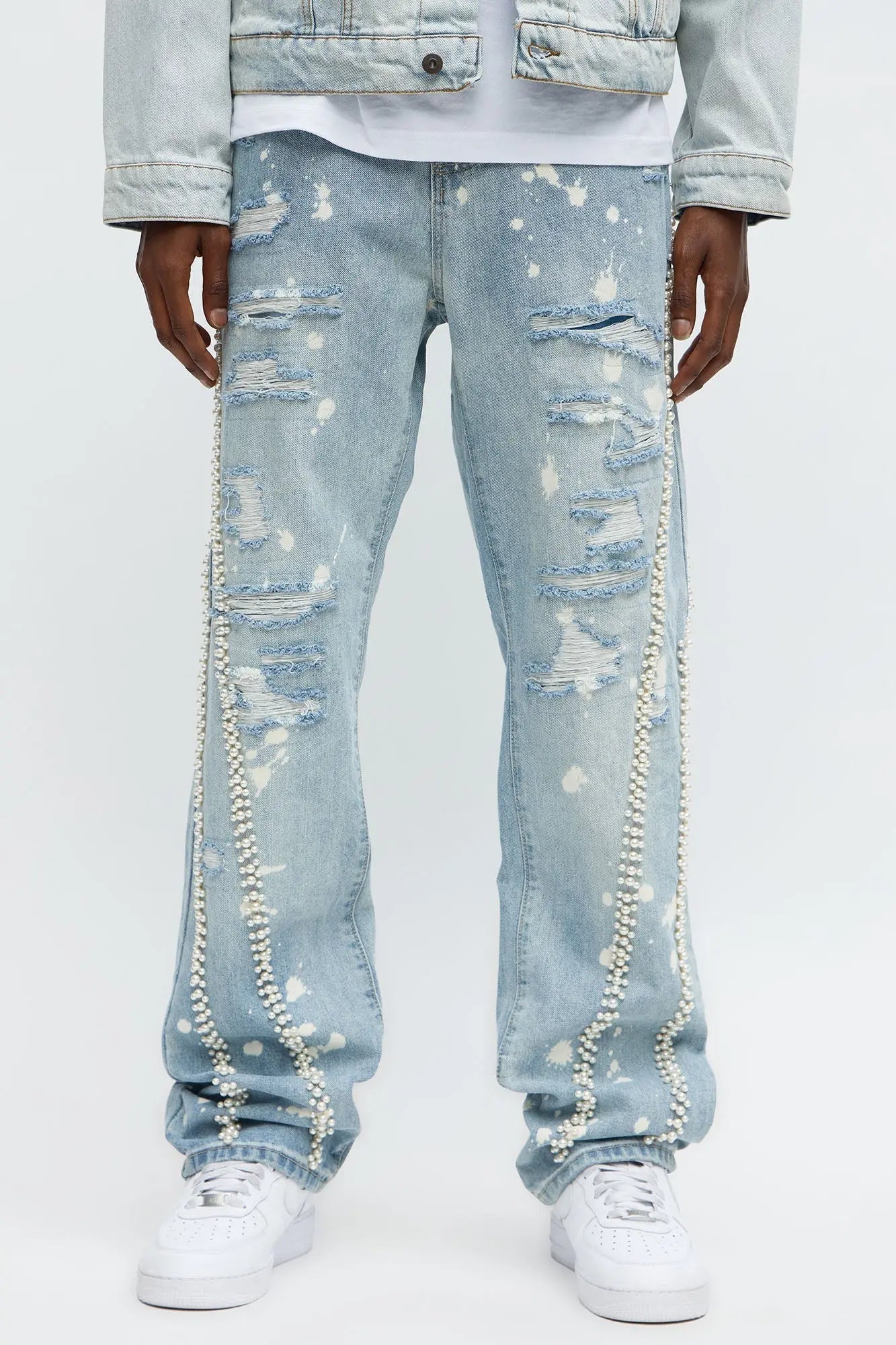 Straight Pearls And Destroyed Bleached Jean - Light Wash