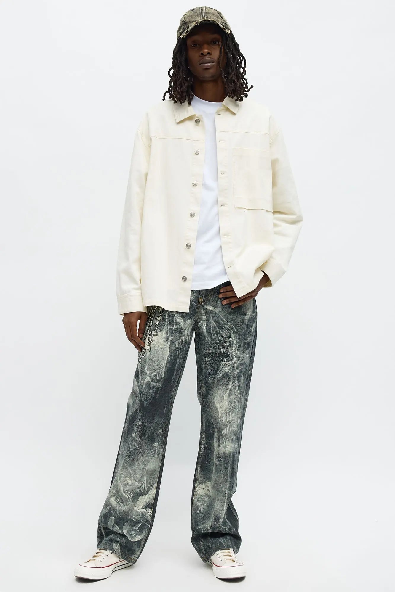 Baggy Skulls And Chains Printed Jean - Black Wash
