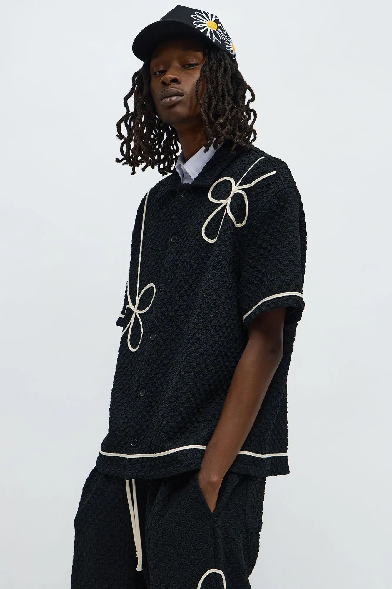 Boxy Soho Weave Applique Textured Button Up Shirt - Black