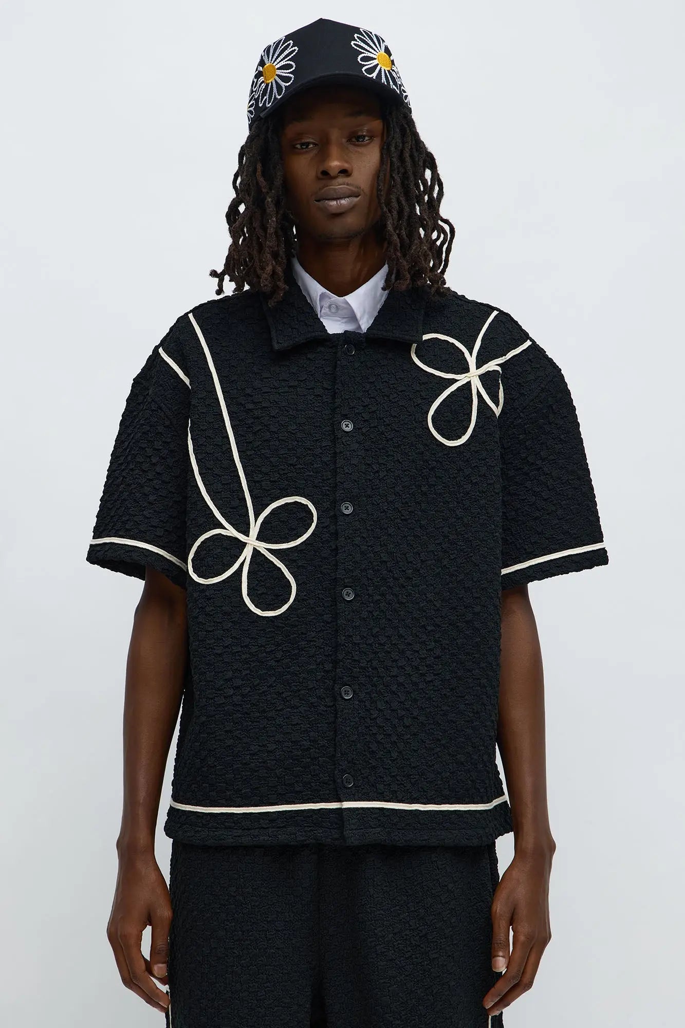 Boxy Soho Weave Applique Textured Button Up Shirt - Black