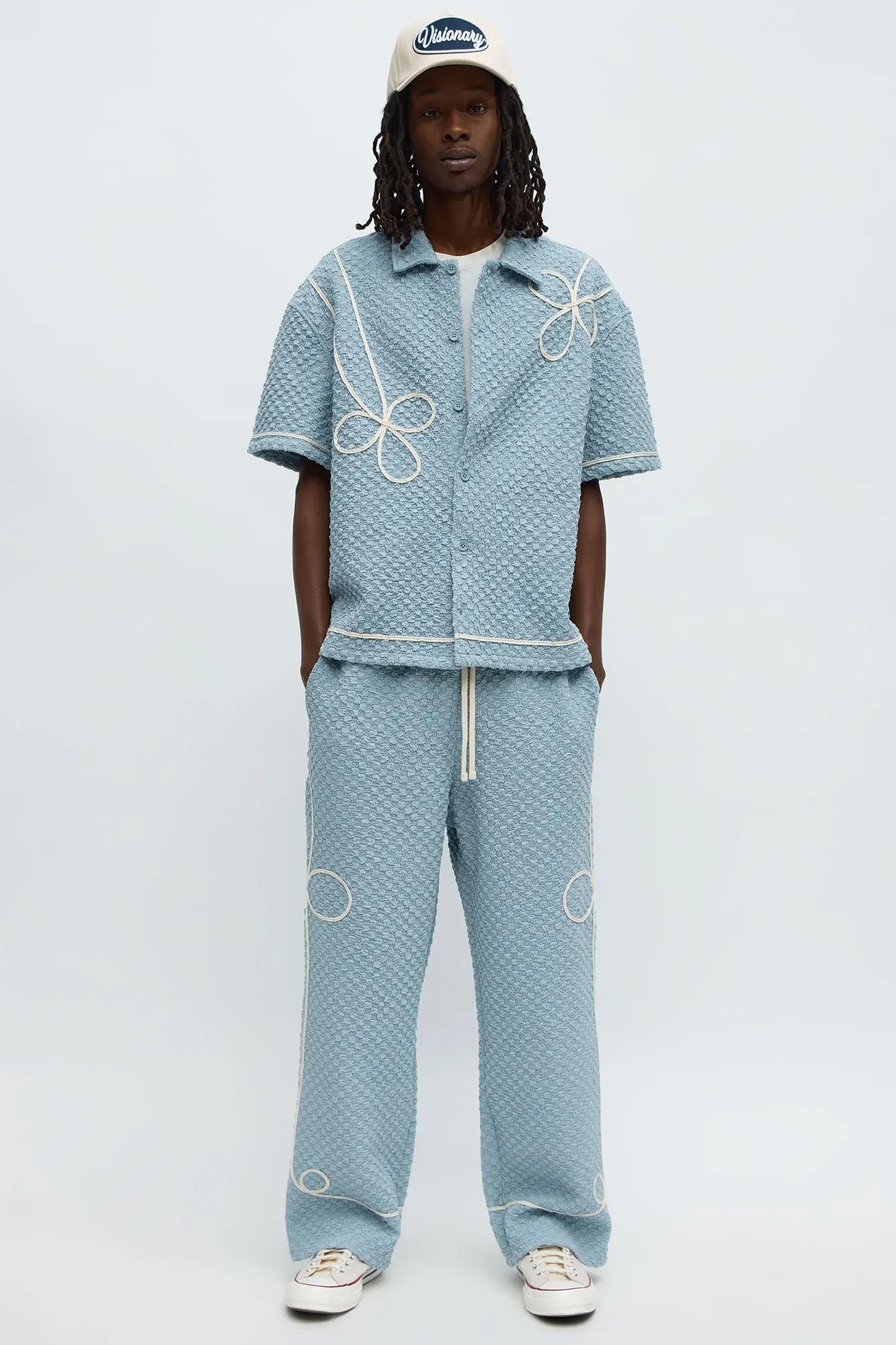 Boxy Soho Weave Applique Textured Button Up Shirt - Light Blue