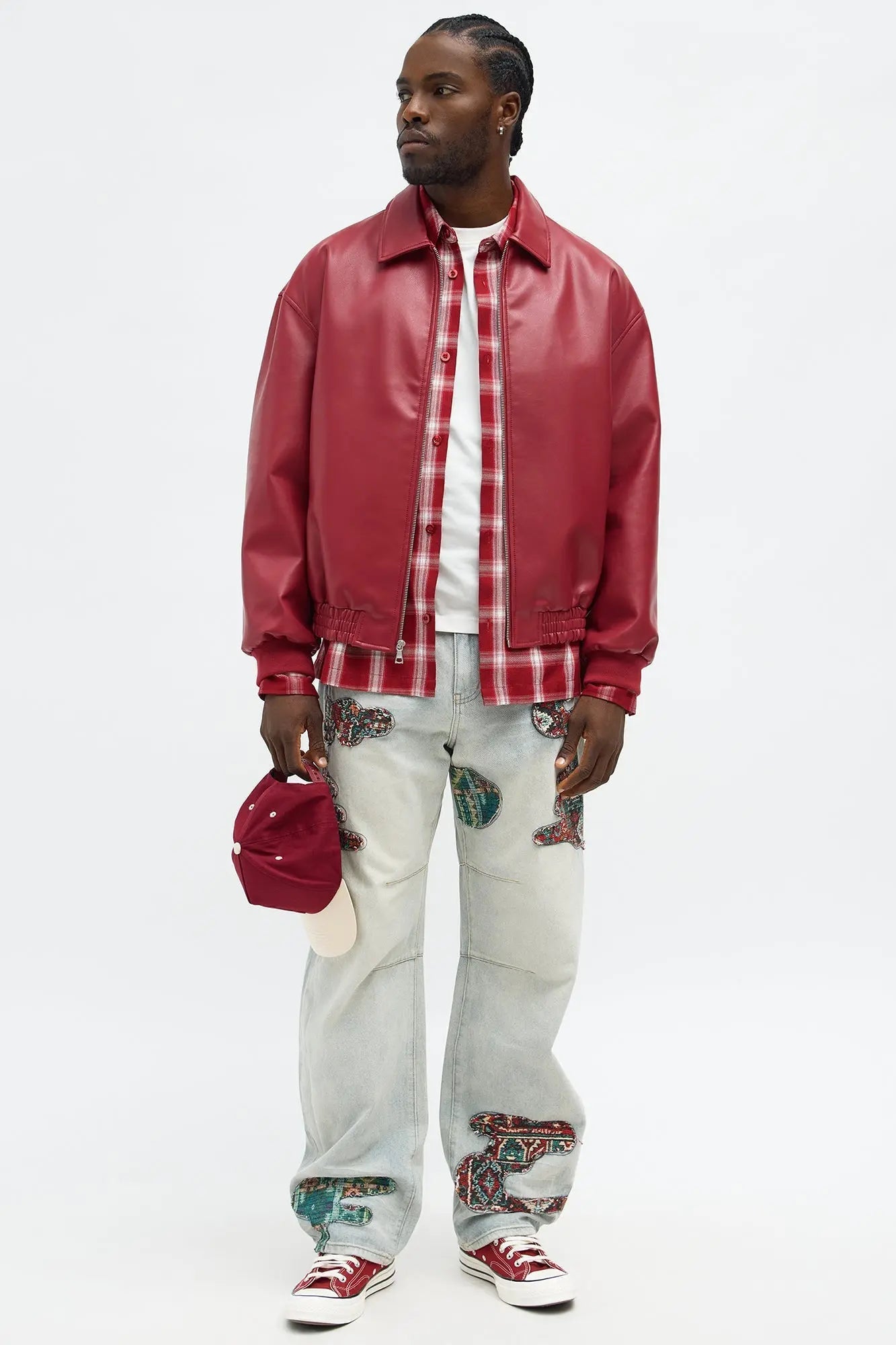 Faux Leather Work Jacket - Red