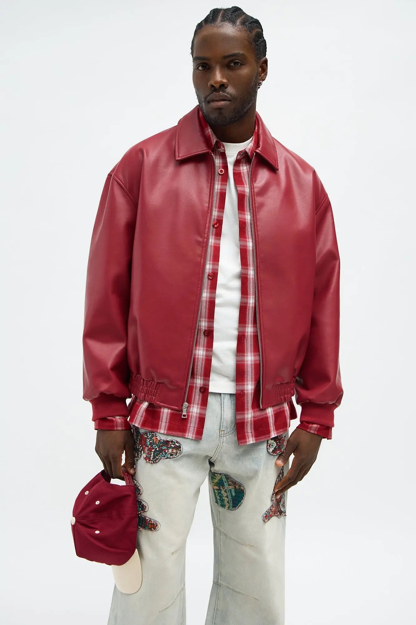 Faux Leather Work Jacket - Red