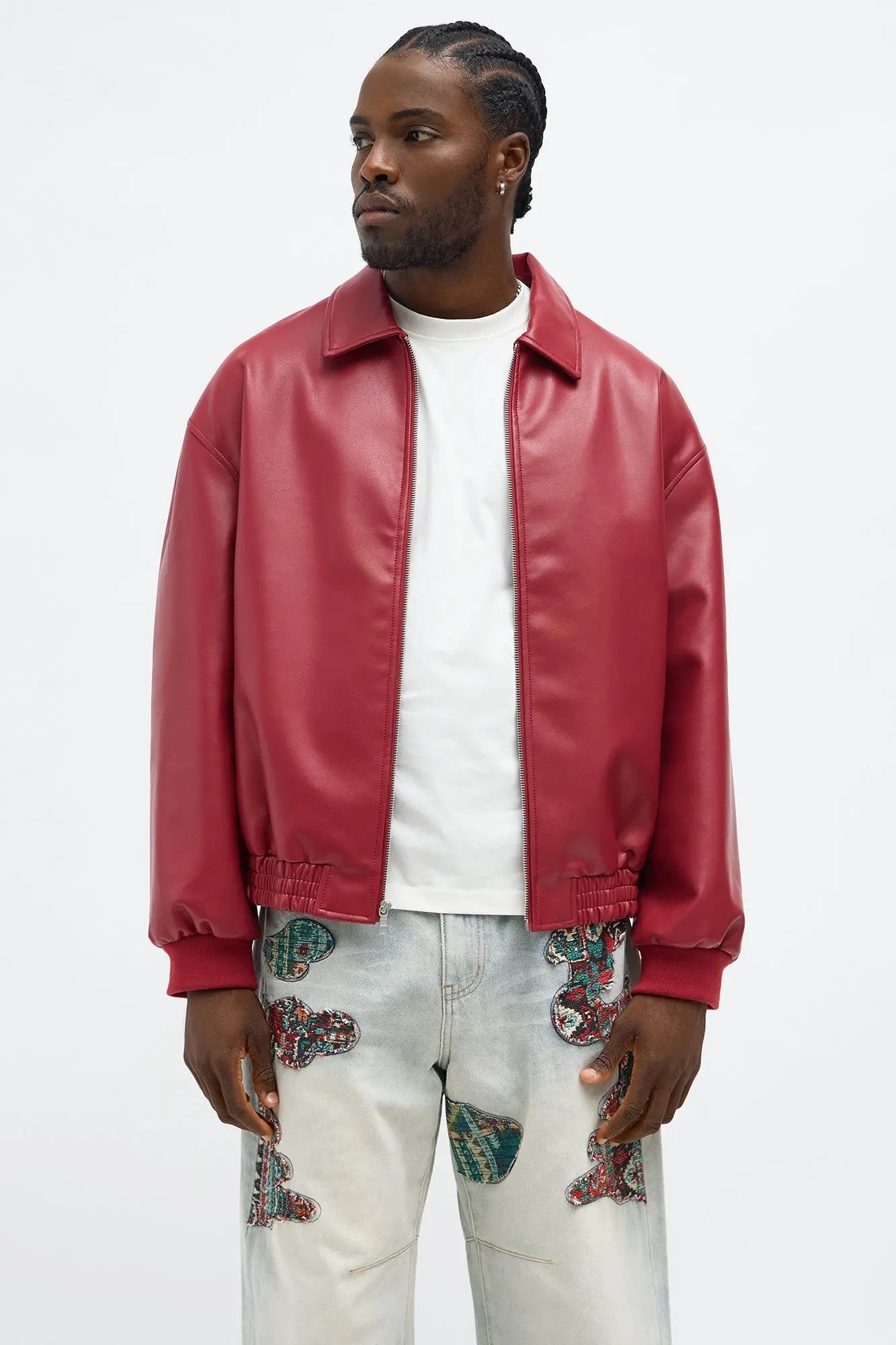 Faux Leather Work Jacket - Red