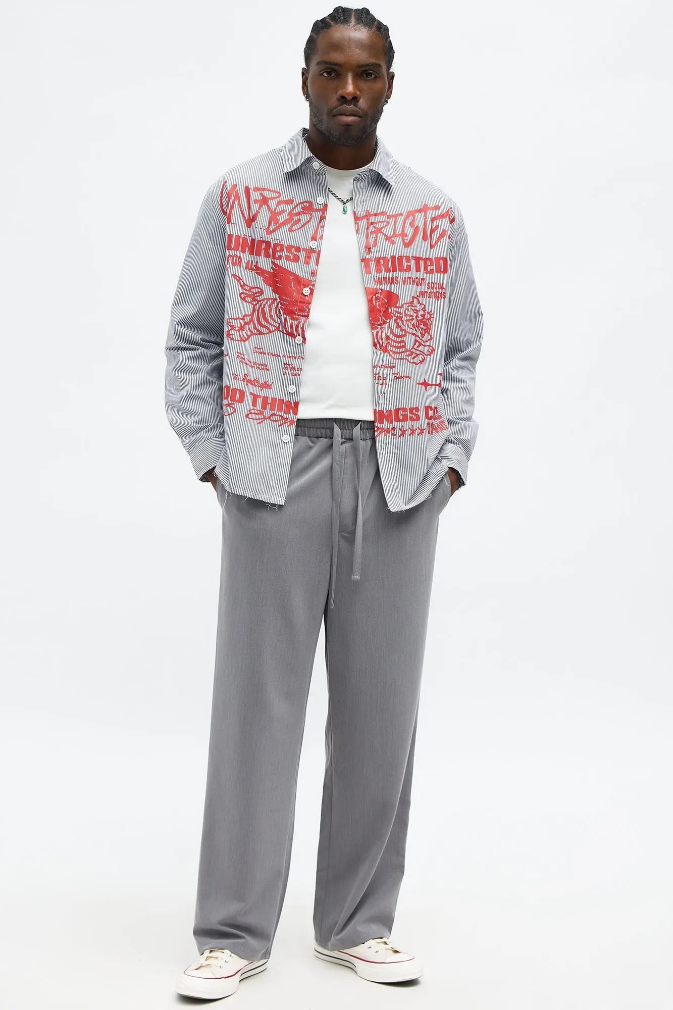 Relaxed Unrestricted Frayed Long Sleeve Button Up Shirt - Grey/combo