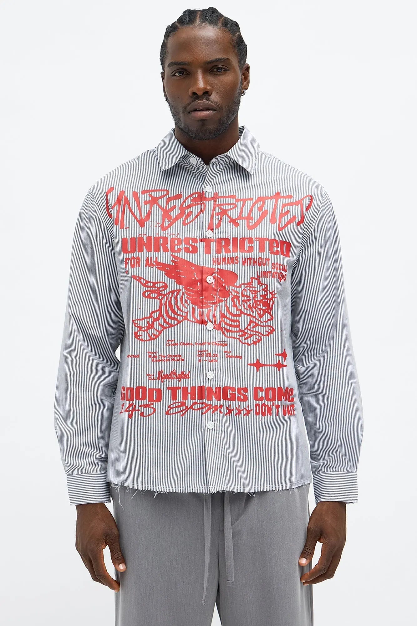Relaxed Unrestricted Frayed Long Sleeve Button Up Shirt - Grey/combo