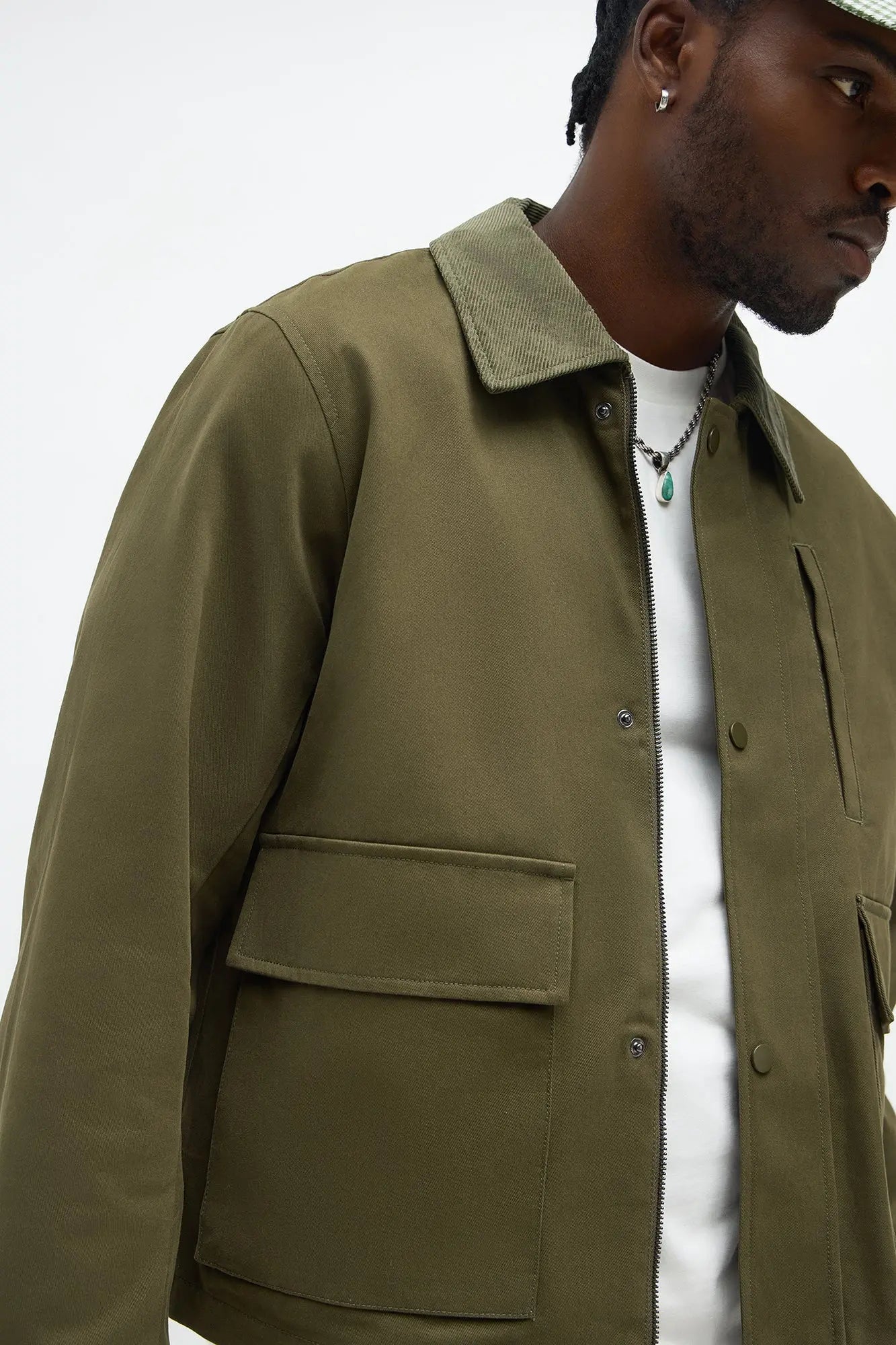 Cropped Utility Corduroy Collar Work Jacket - Olive