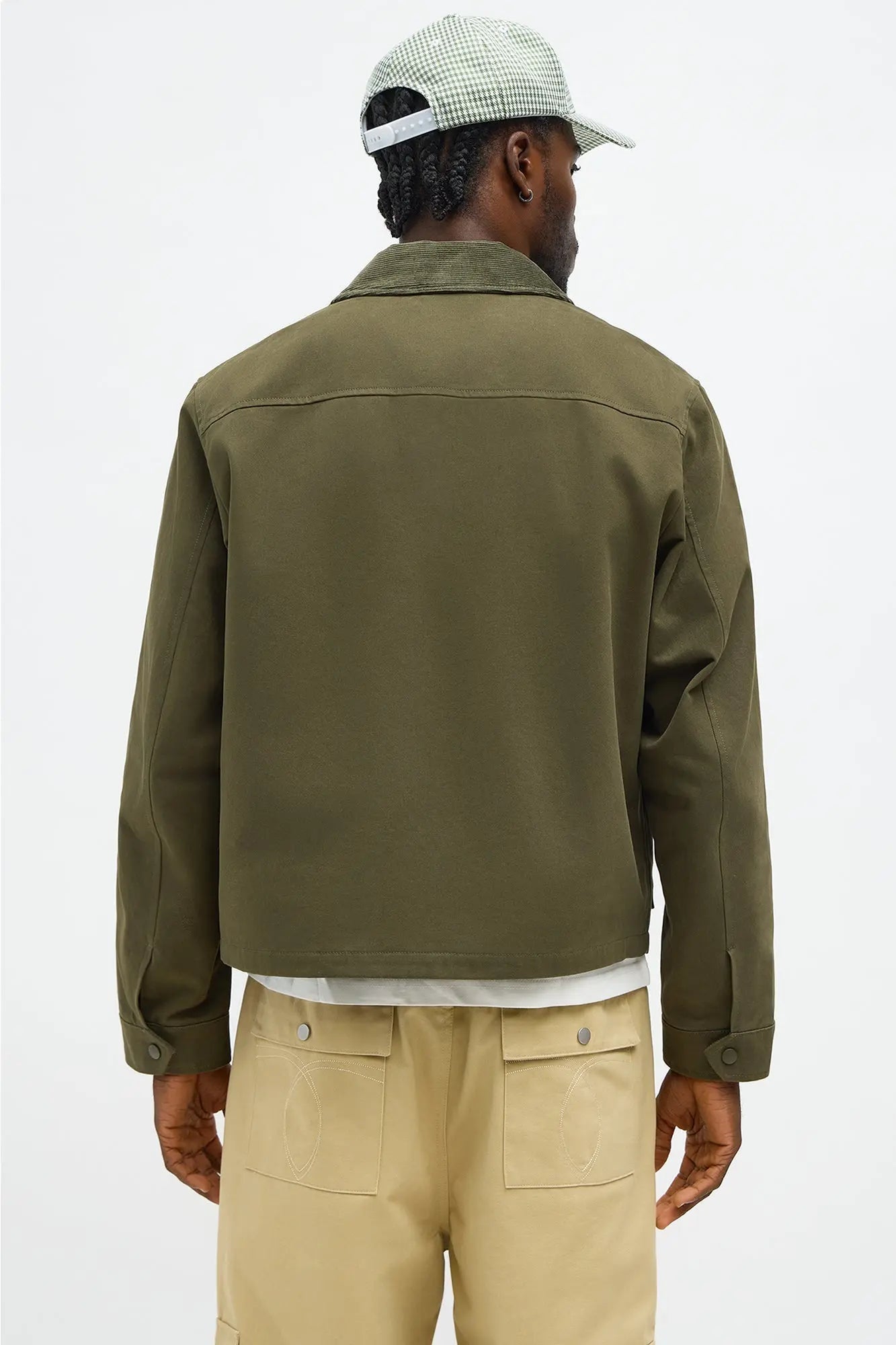Cropped Utility Corduroy Collar Work Jacket - Olive