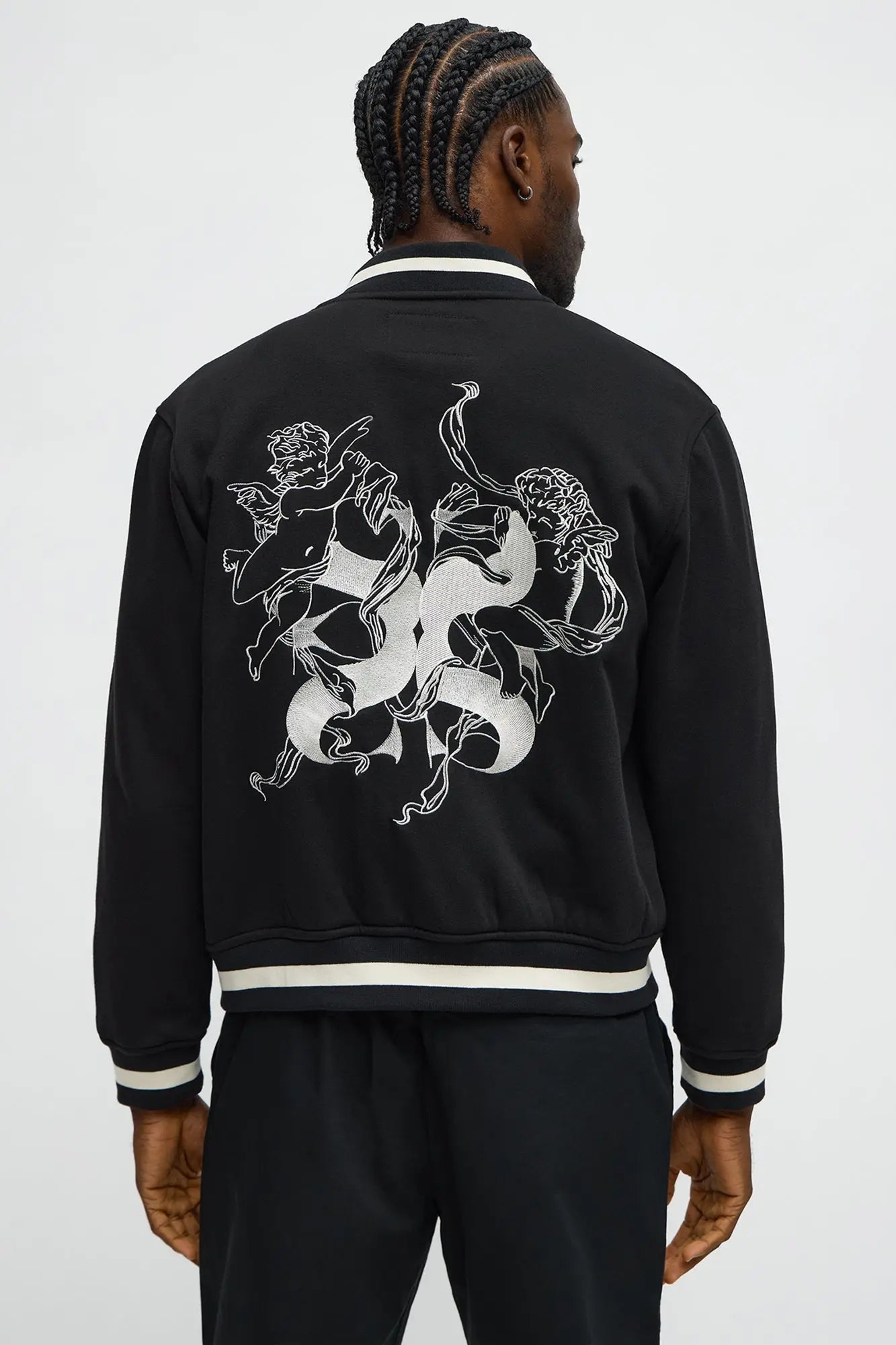 Embroidered Angels Above Varsity Jacket - Black